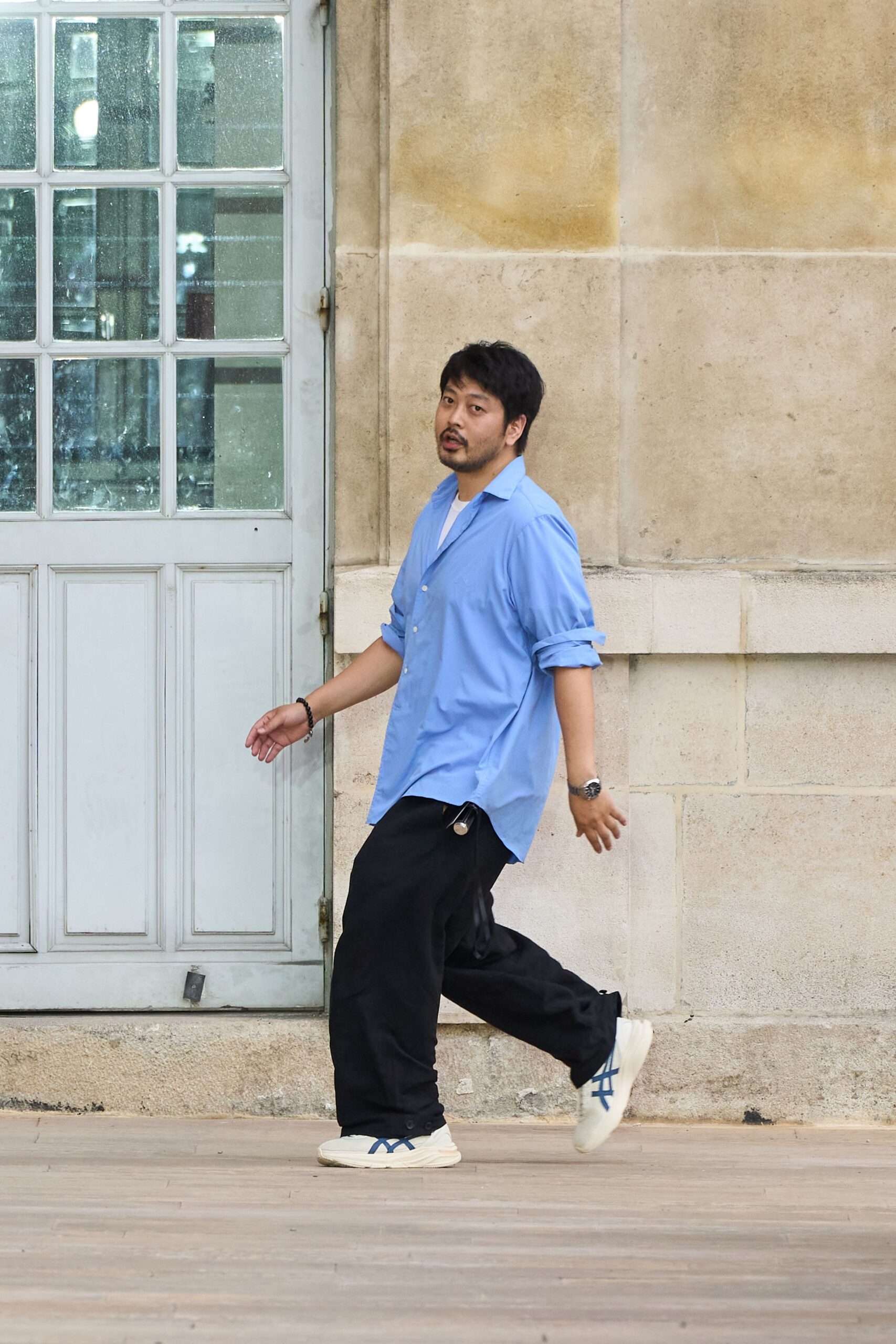 blue relaxed shirt black pants