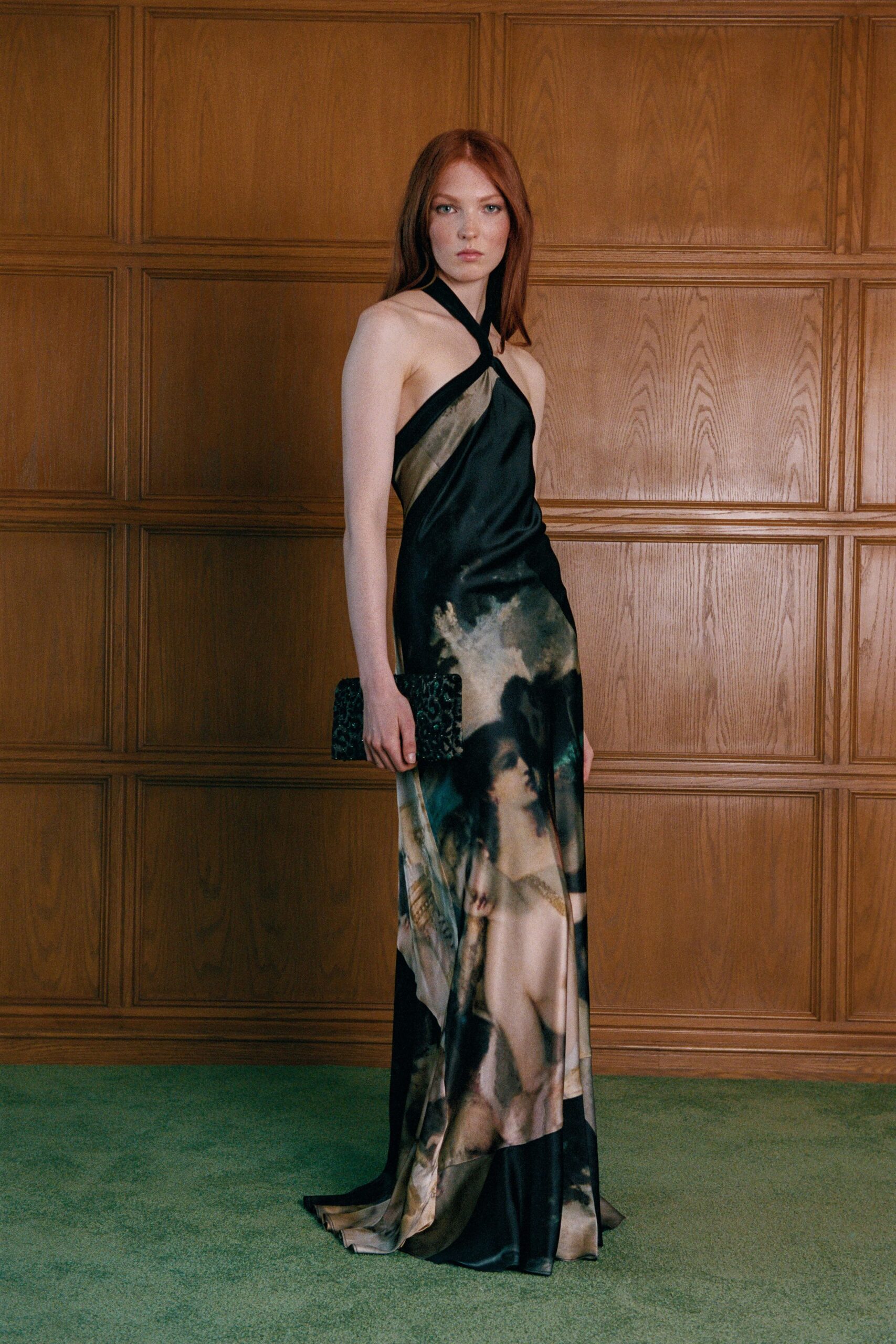 black silk sleeveless halter fitted printed flowing gown