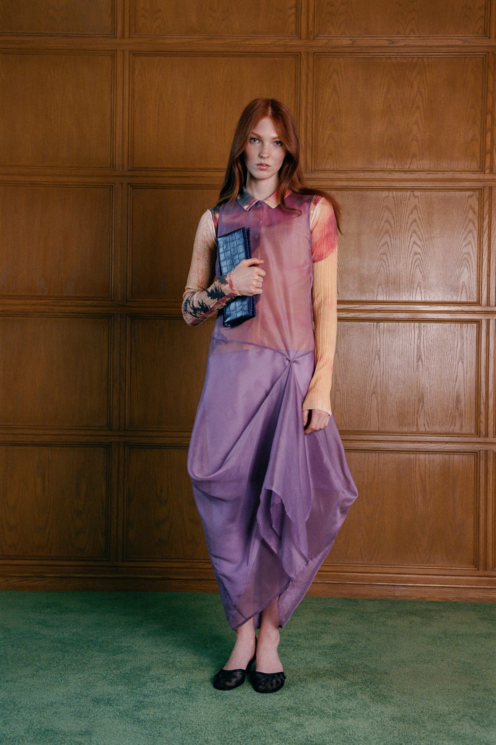 purple silk long-sleeve collared fitted draped flowing dress