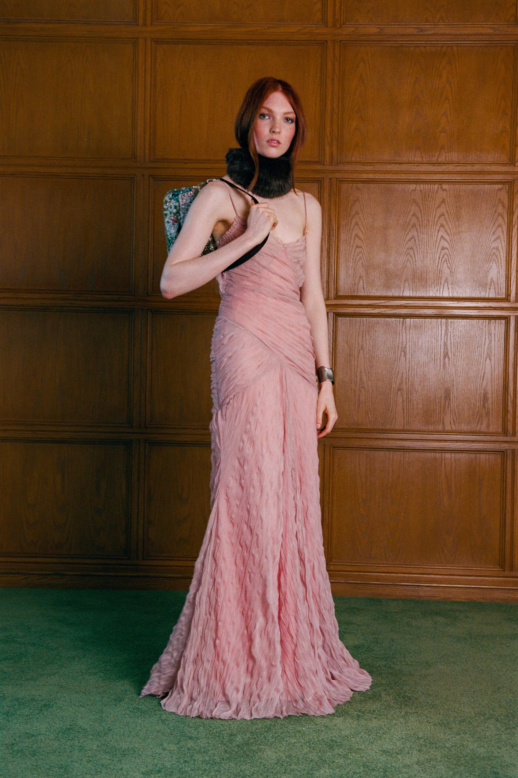 pink silk sleeveless v-neck fitted ruched flowing gown
