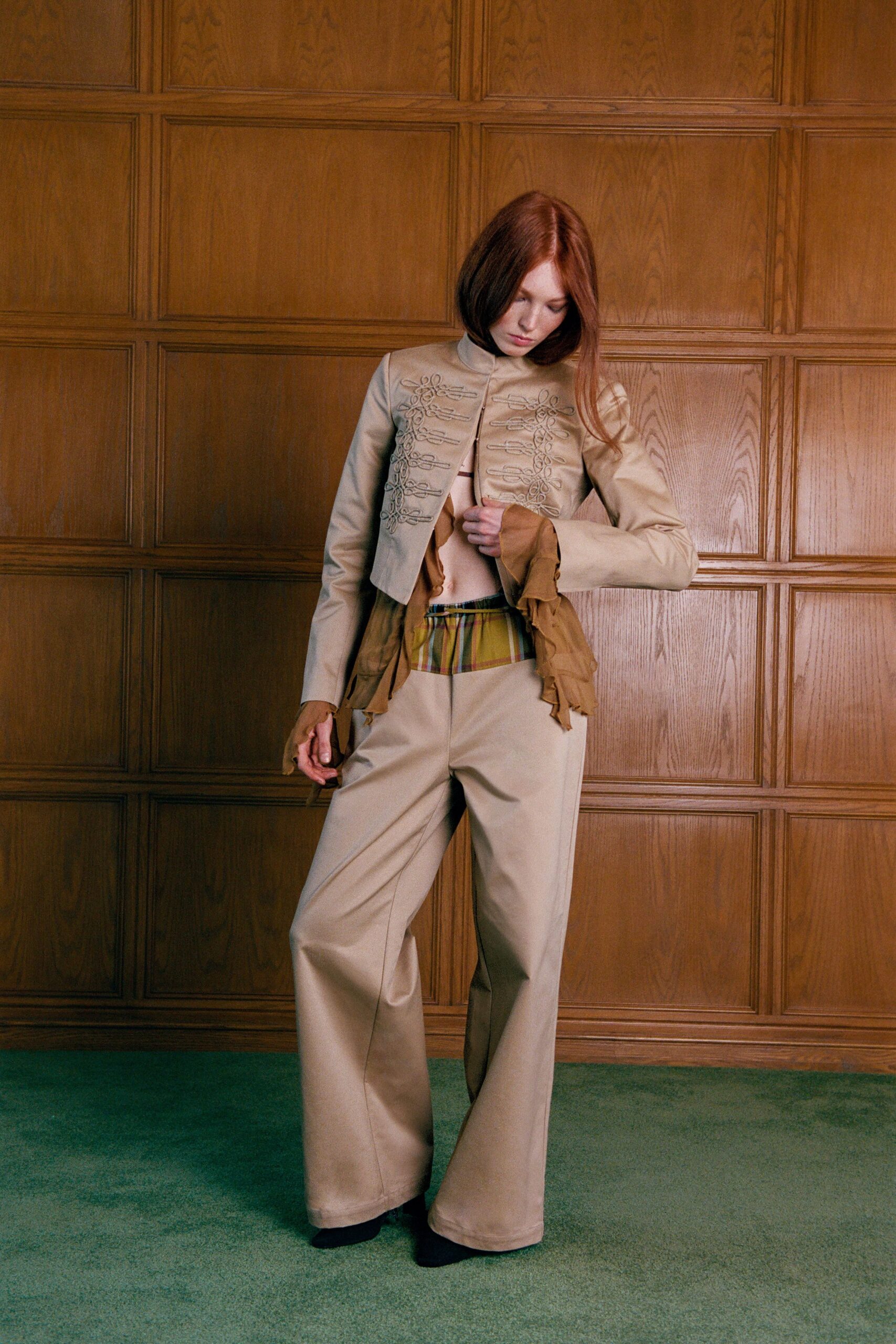 beige cotton long-sleeve collared structured embroidered jacket
