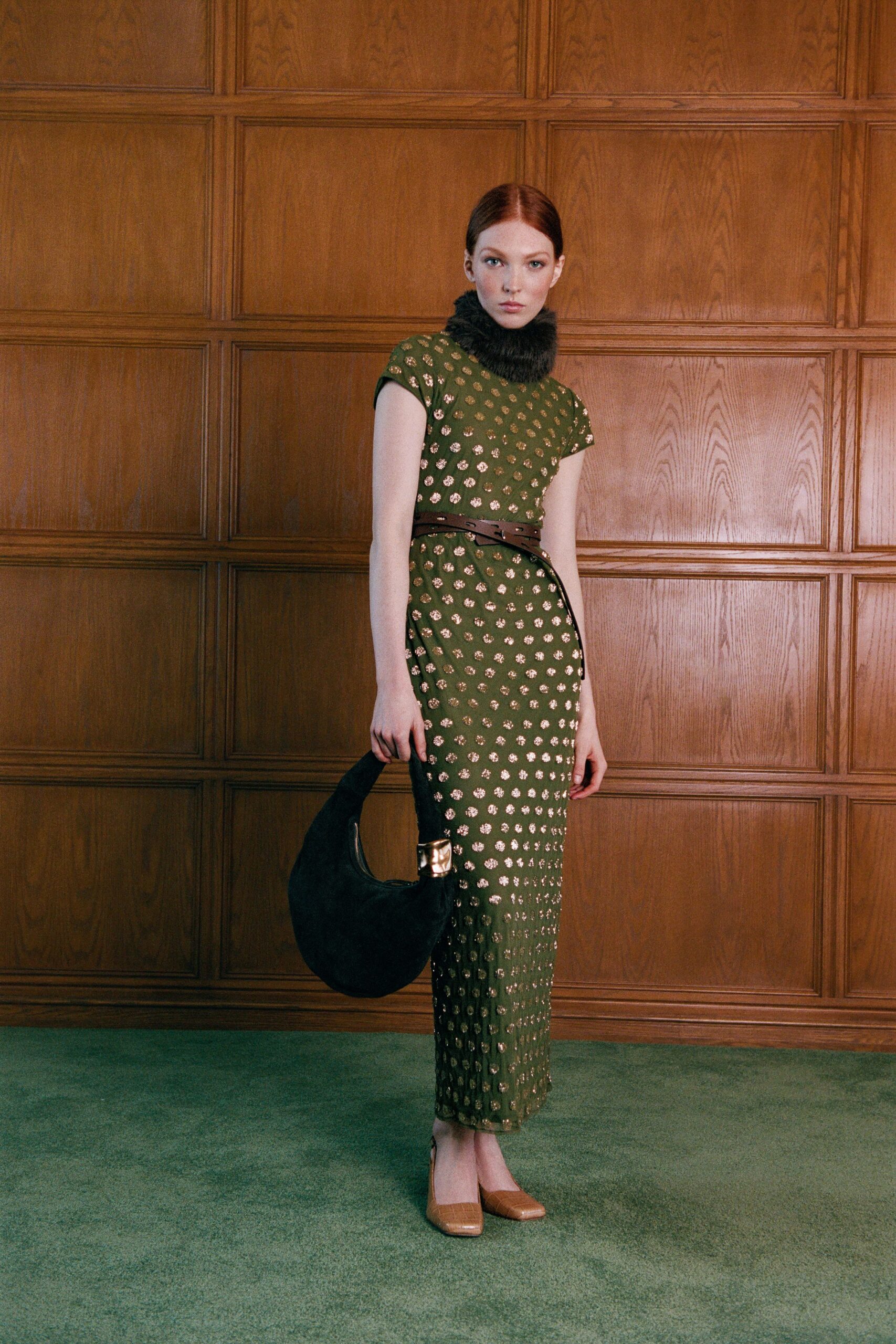 green silk short-sleeve high-neck fitted embroidered maxi gown