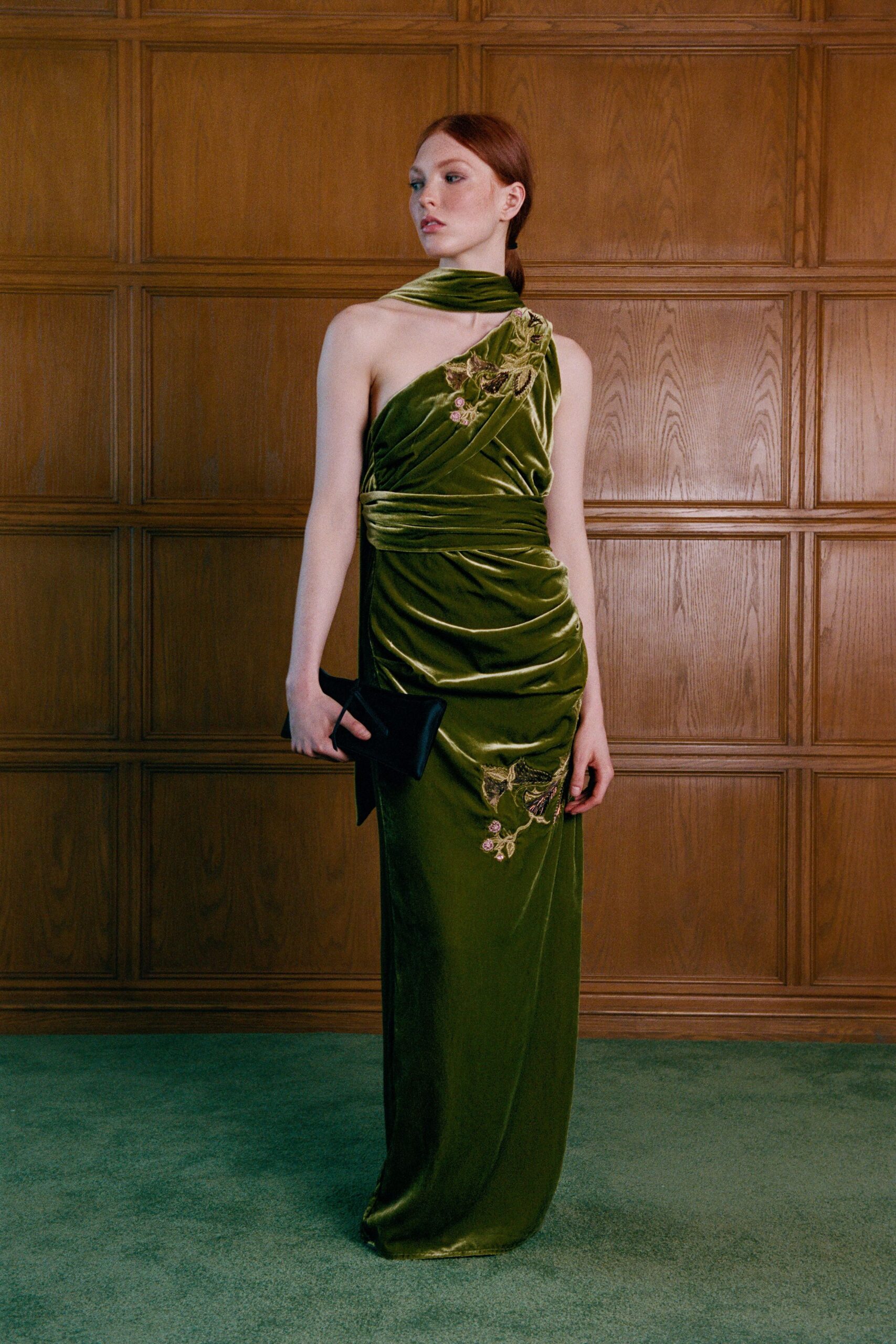 green velvet sleeveless high-neck fitted ruched embroidered gown