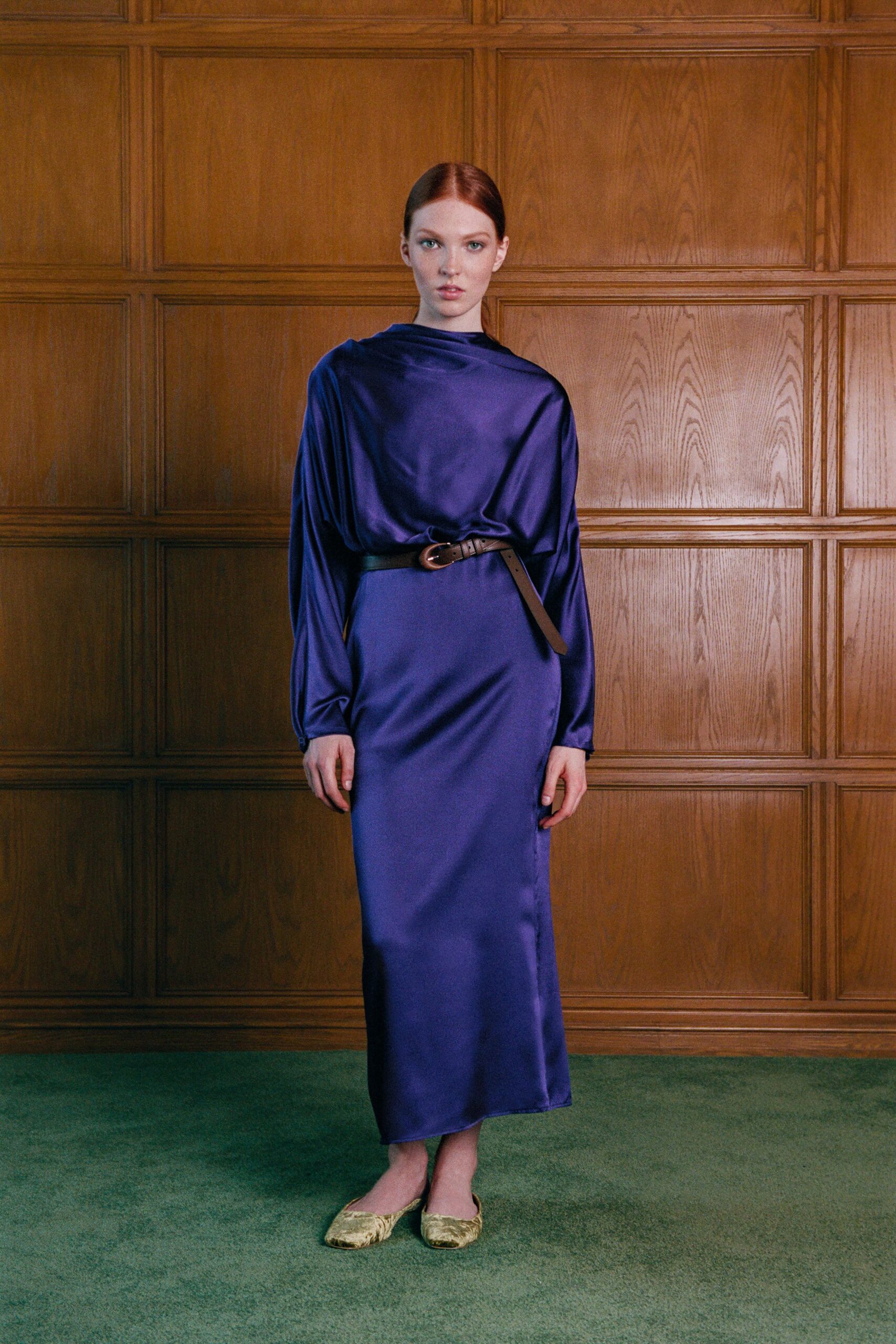 blue satin long-sleeve high-neck fitted draped belted dress
