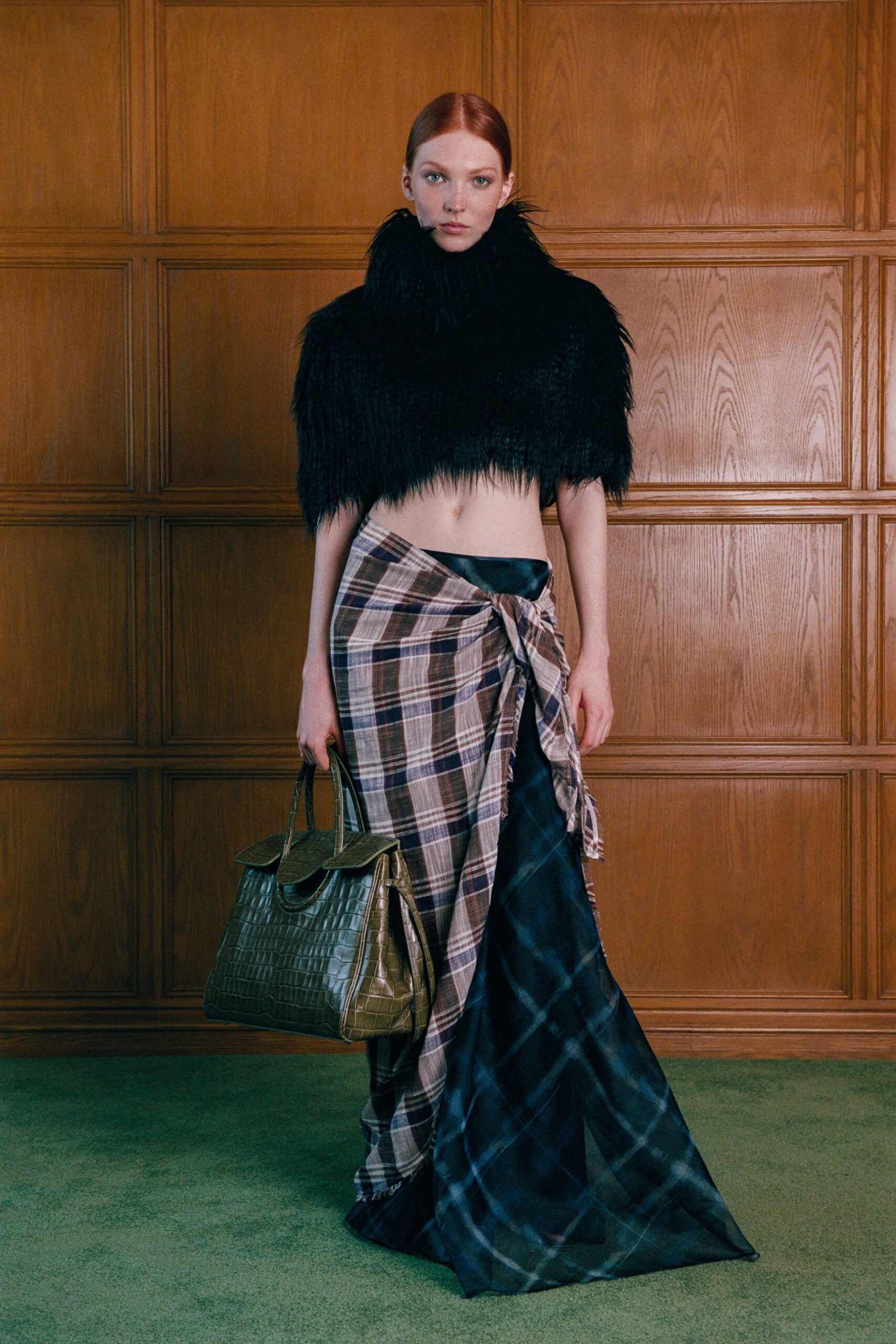 black fur sleeveless high-neck fitted fringed top
