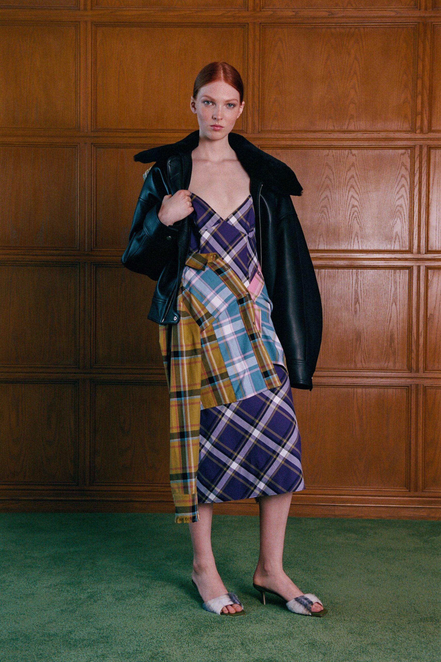 purple silk sleeveless v-neck fitted checked layered dress