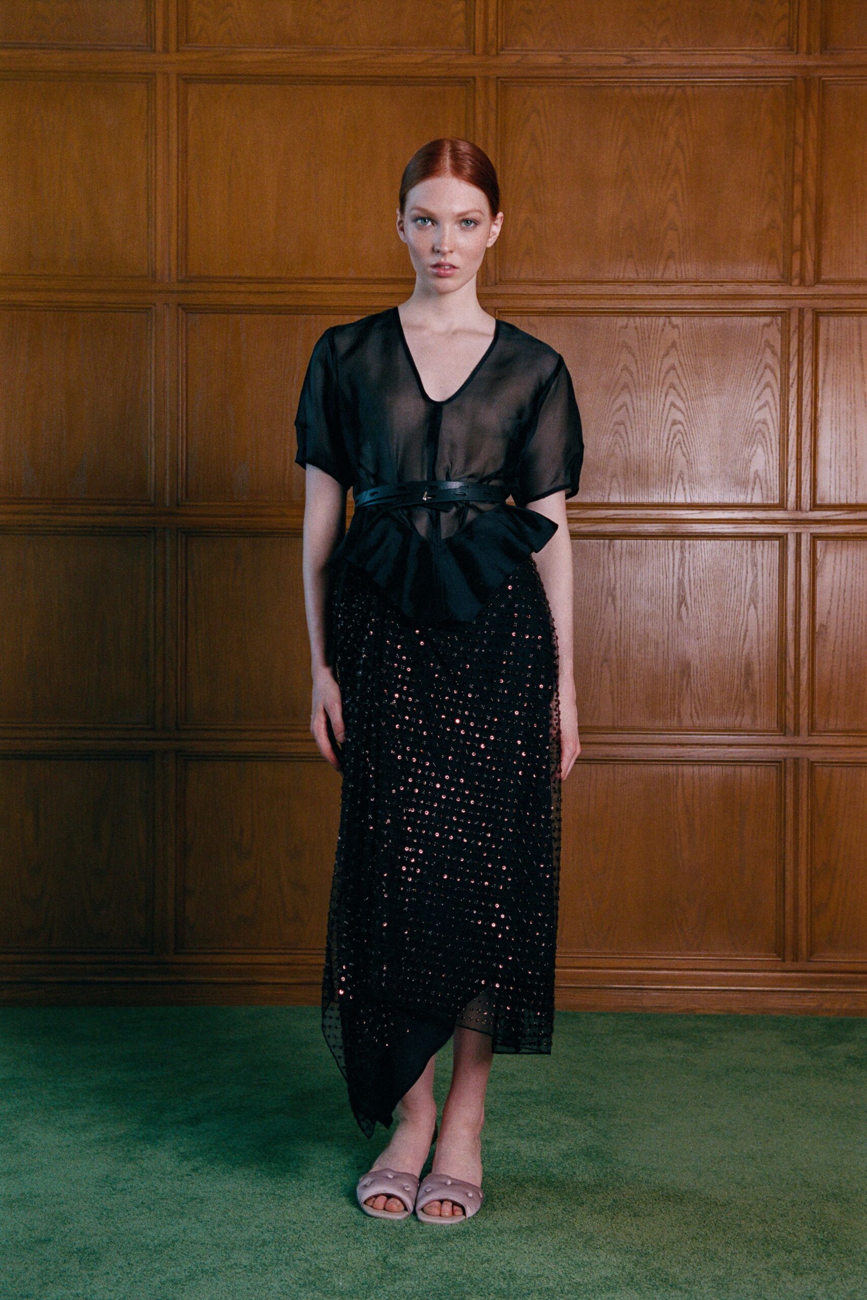 black silk short-sleeve v-neck relaxed draped sheer top