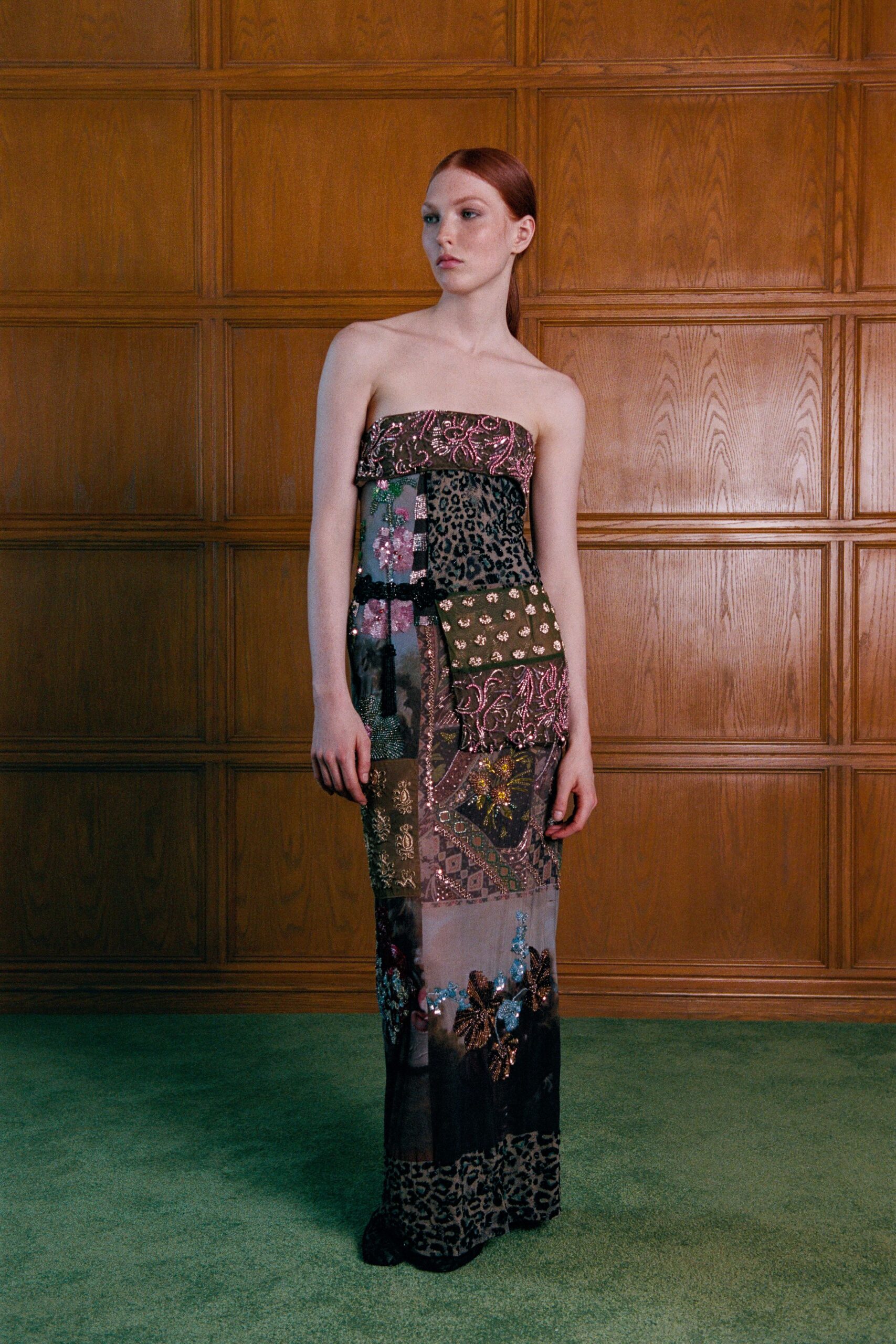 multi-colored strapless gown