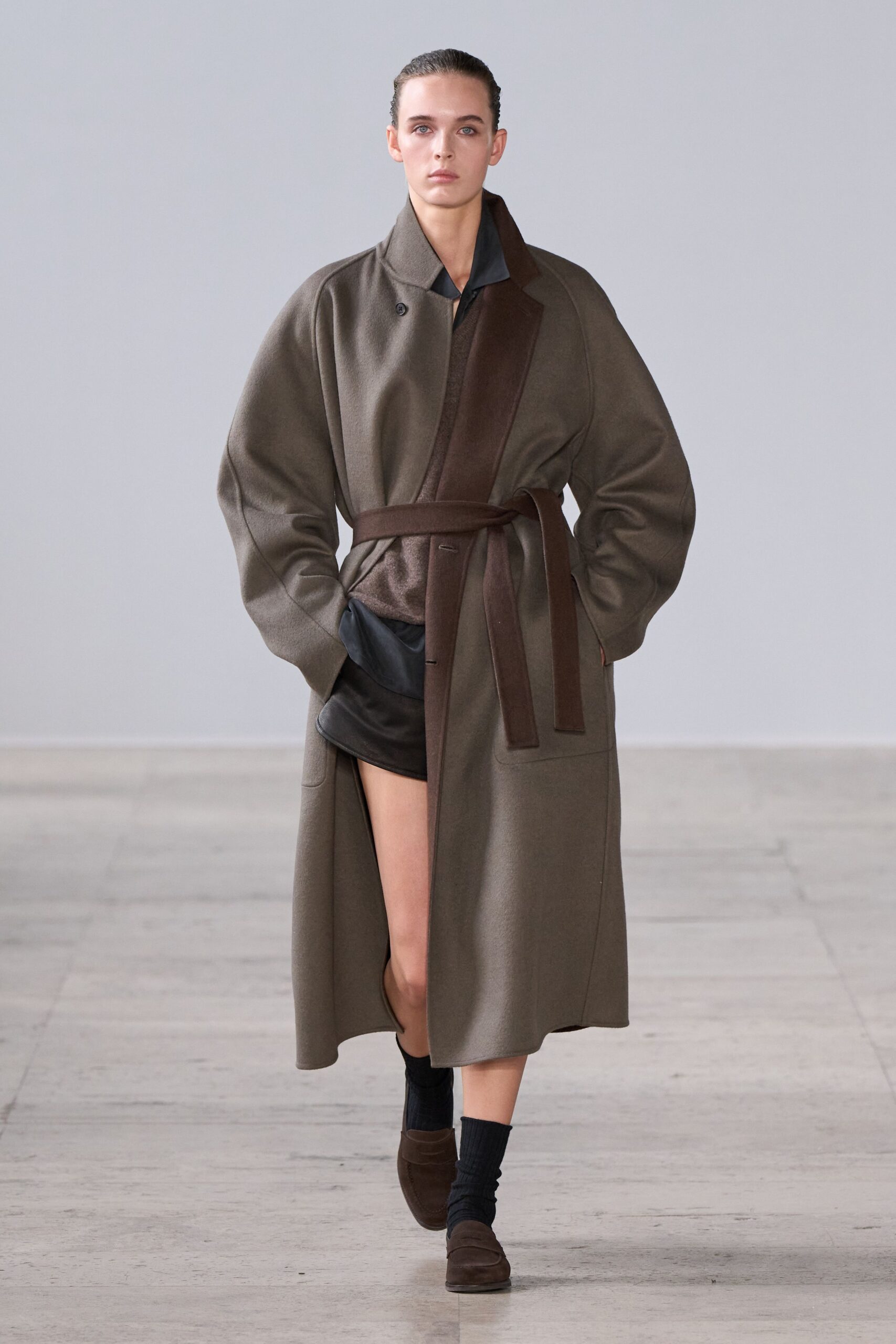 brown wool long-sleeve collared relaxed belted coat