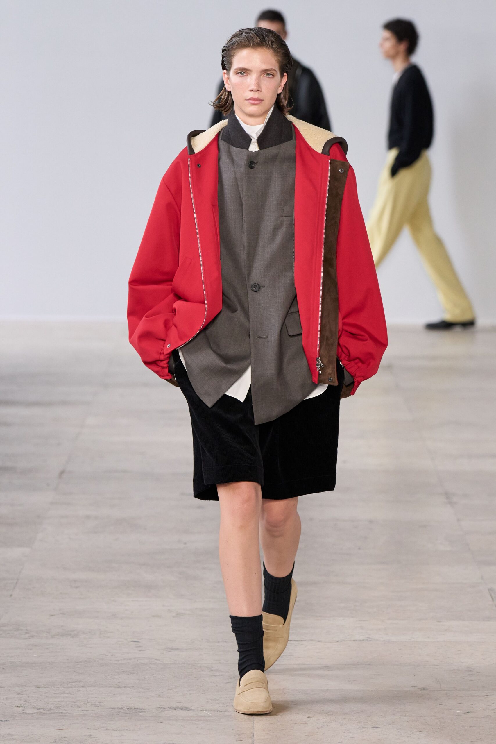 red long-sleeve collared relaxed jacket