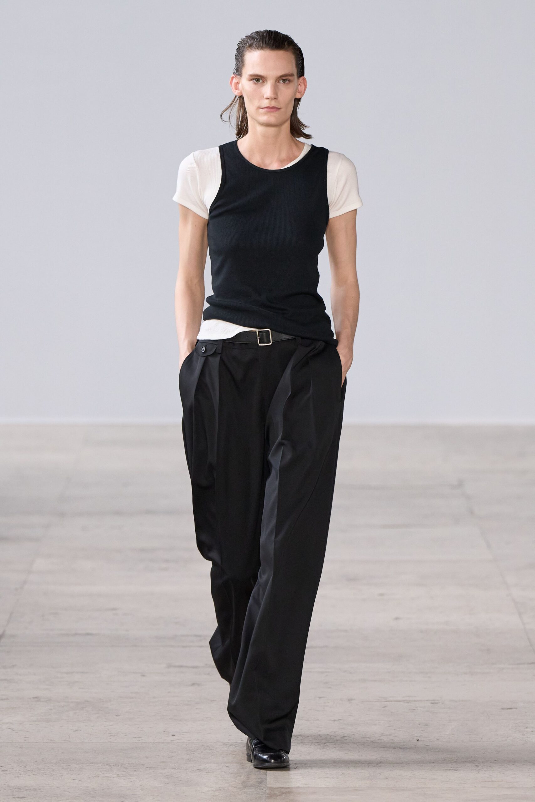 black and white fitted top with relaxed pants