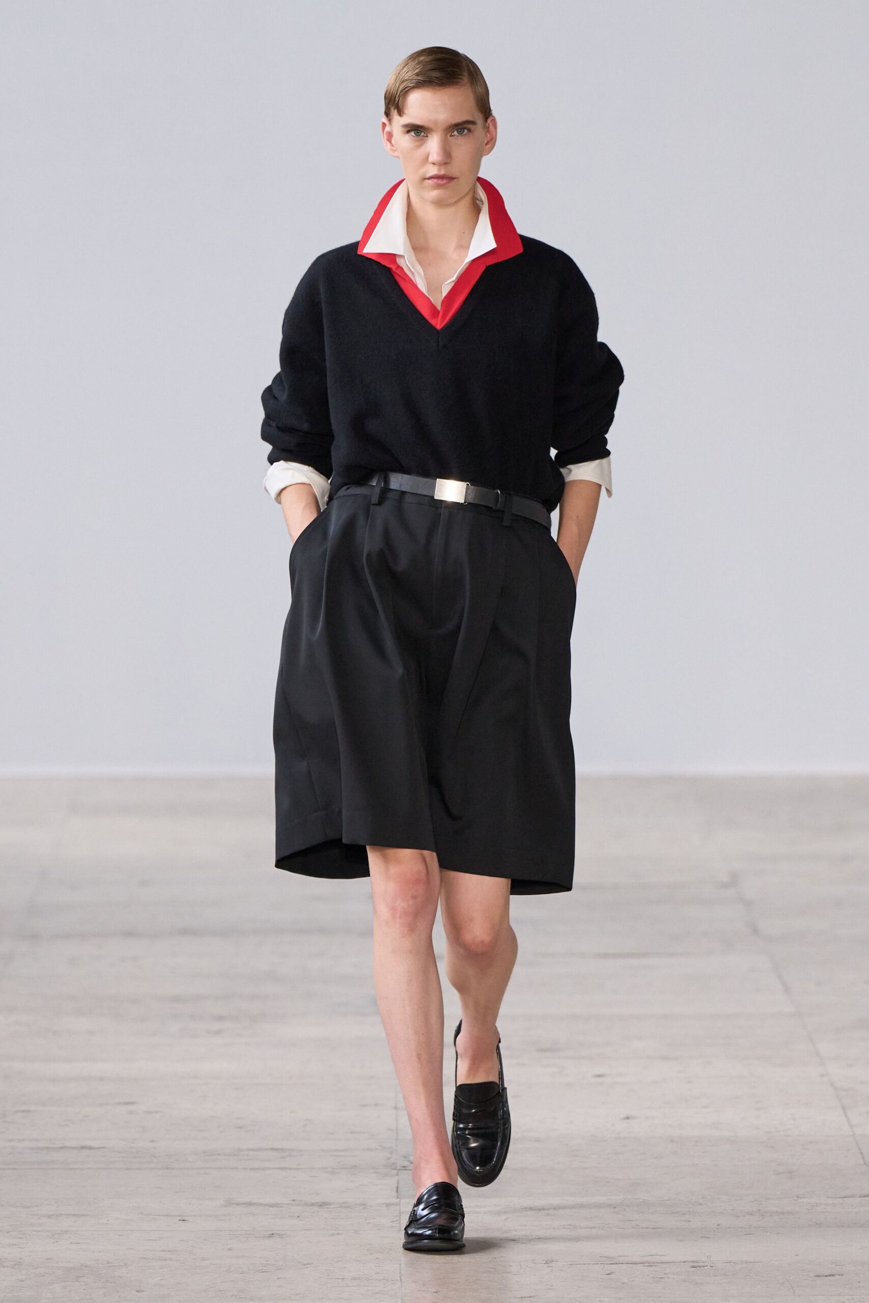 black wool sweater with red collar