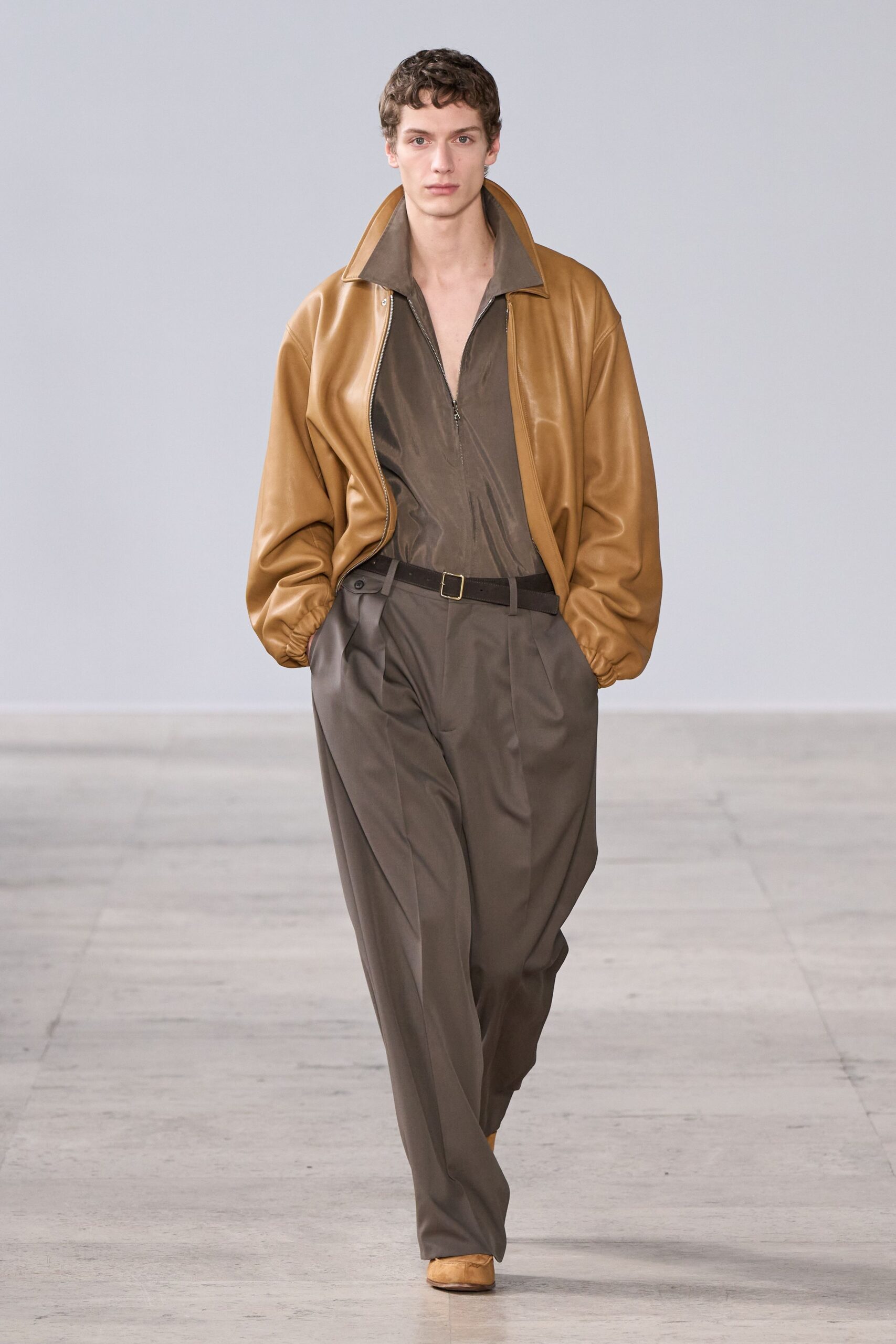 brown leather long-sleeve collared relaxed jacket