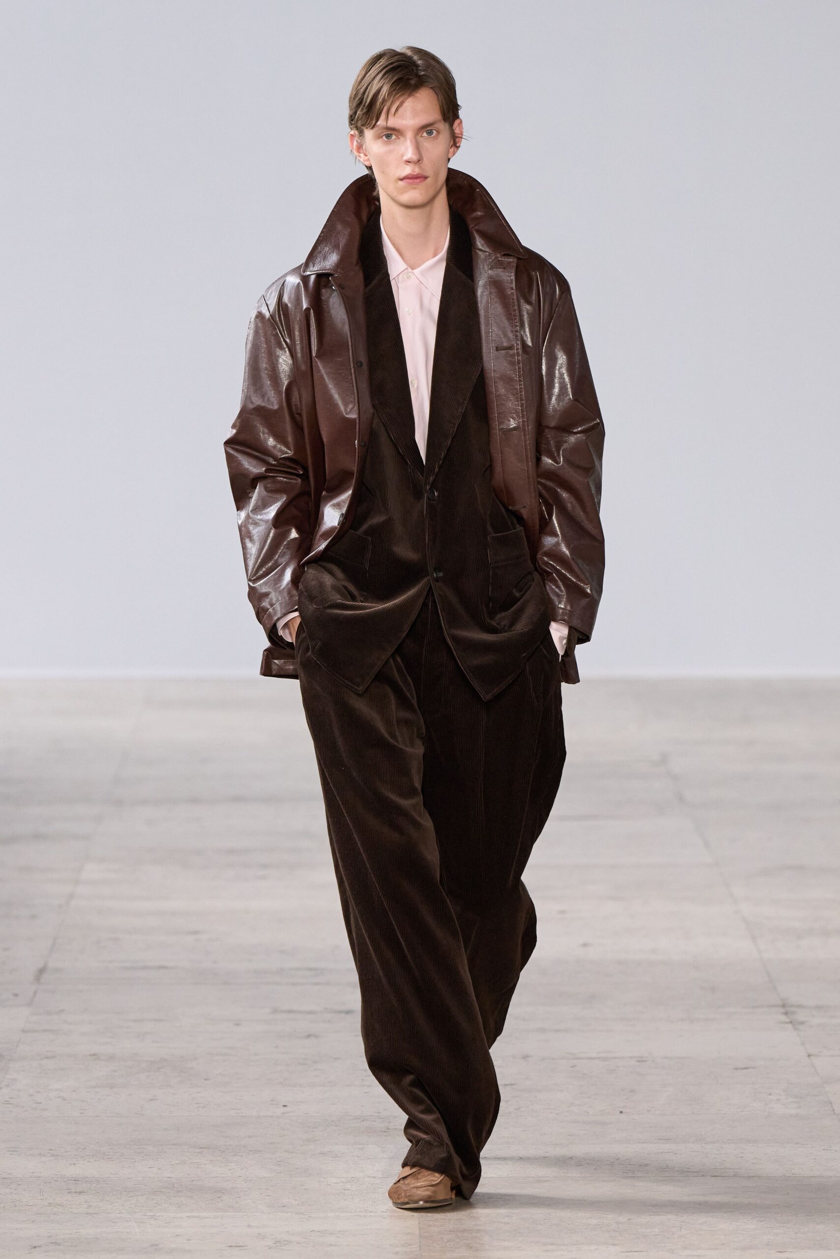 brown leather long-sleeve collared relaxed jacket