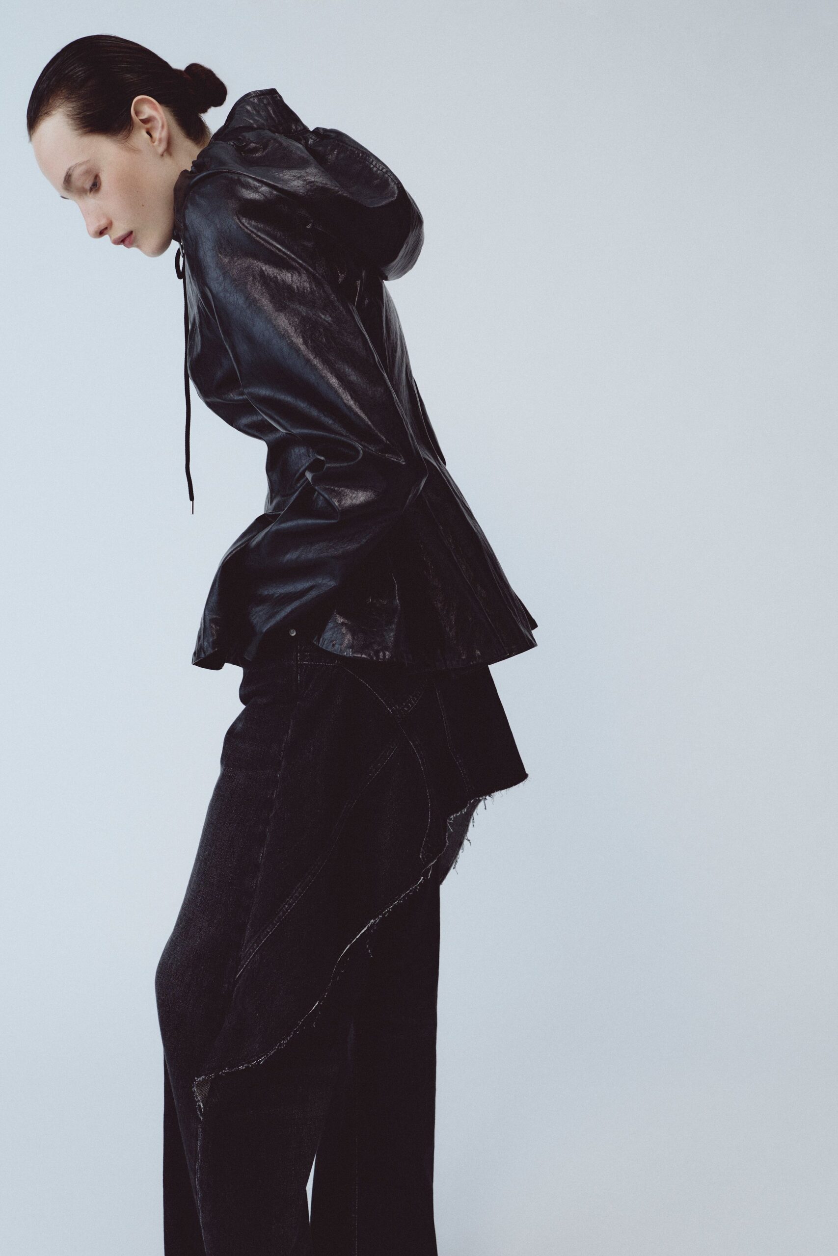 black leather long-sleeve hooded fitted draped jacket