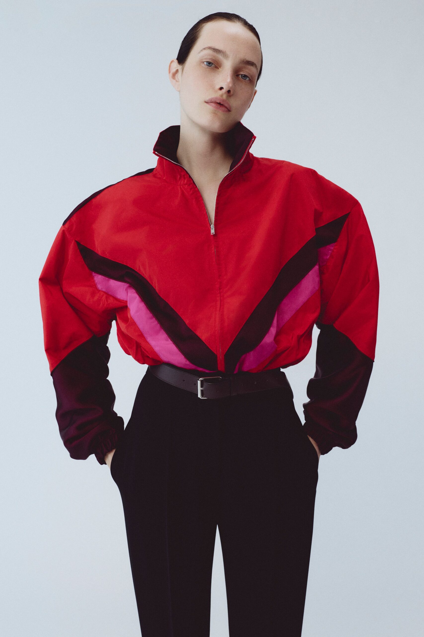 red cotton long-sleeve collared relaxed zippered color-blocked jacket