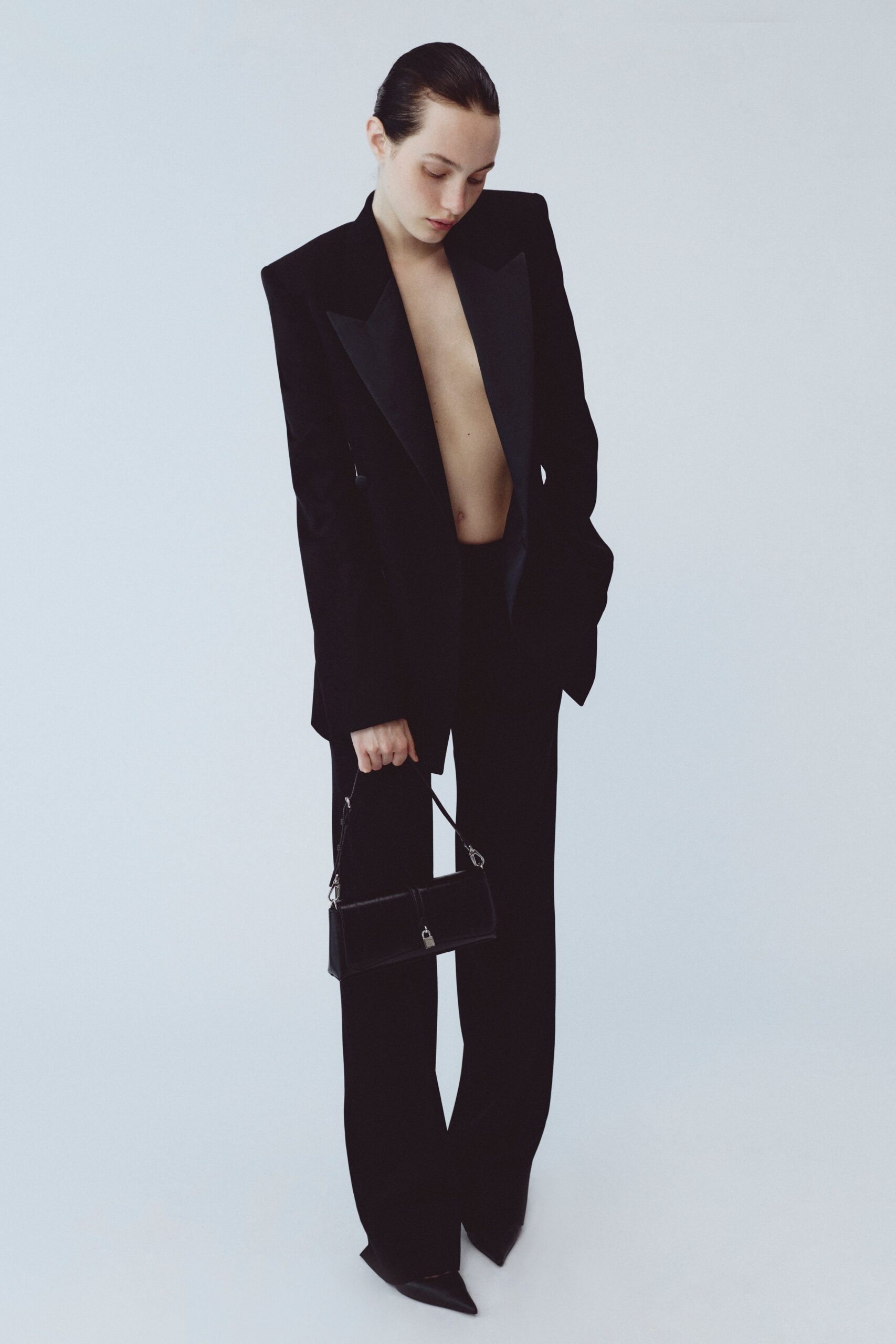 black wool tailored straight-leg pants