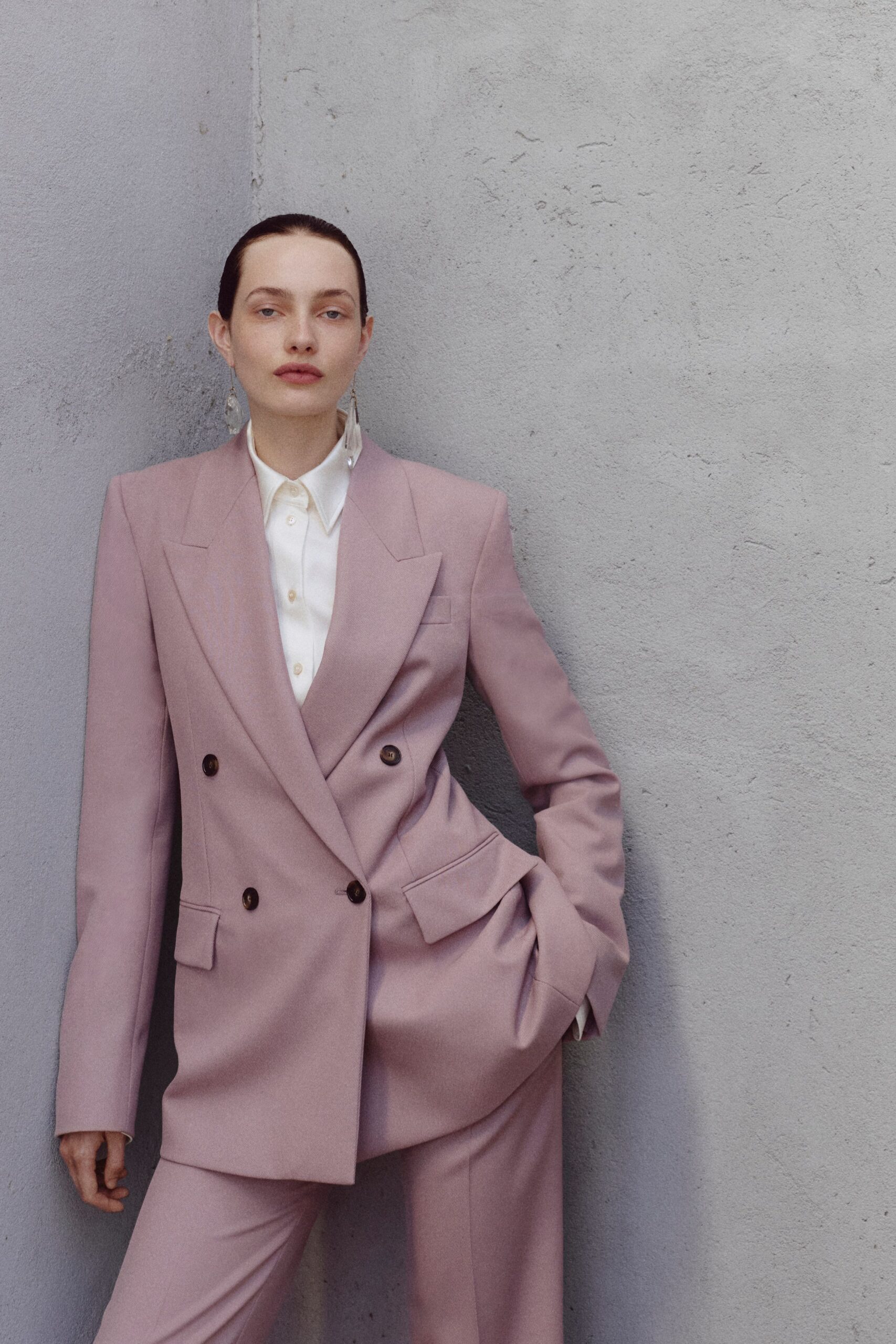 pink wool tailored straight-leg pants