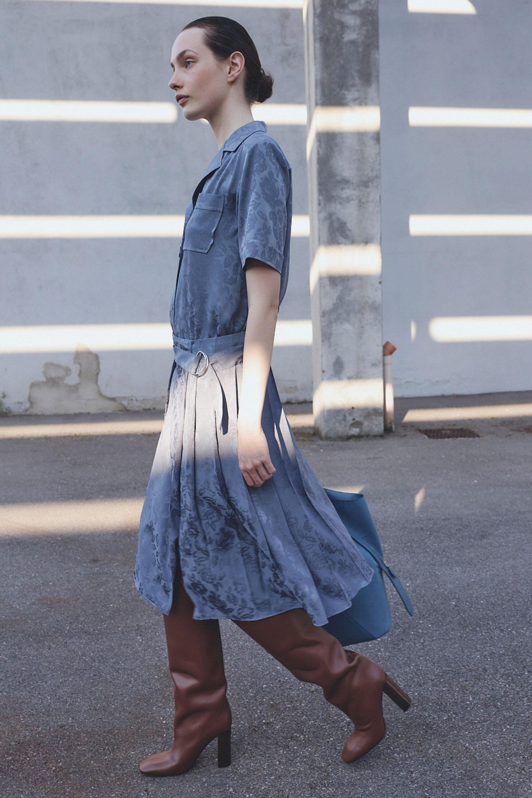 blue silk short-sleeve collared relaxed pleated flowing dress