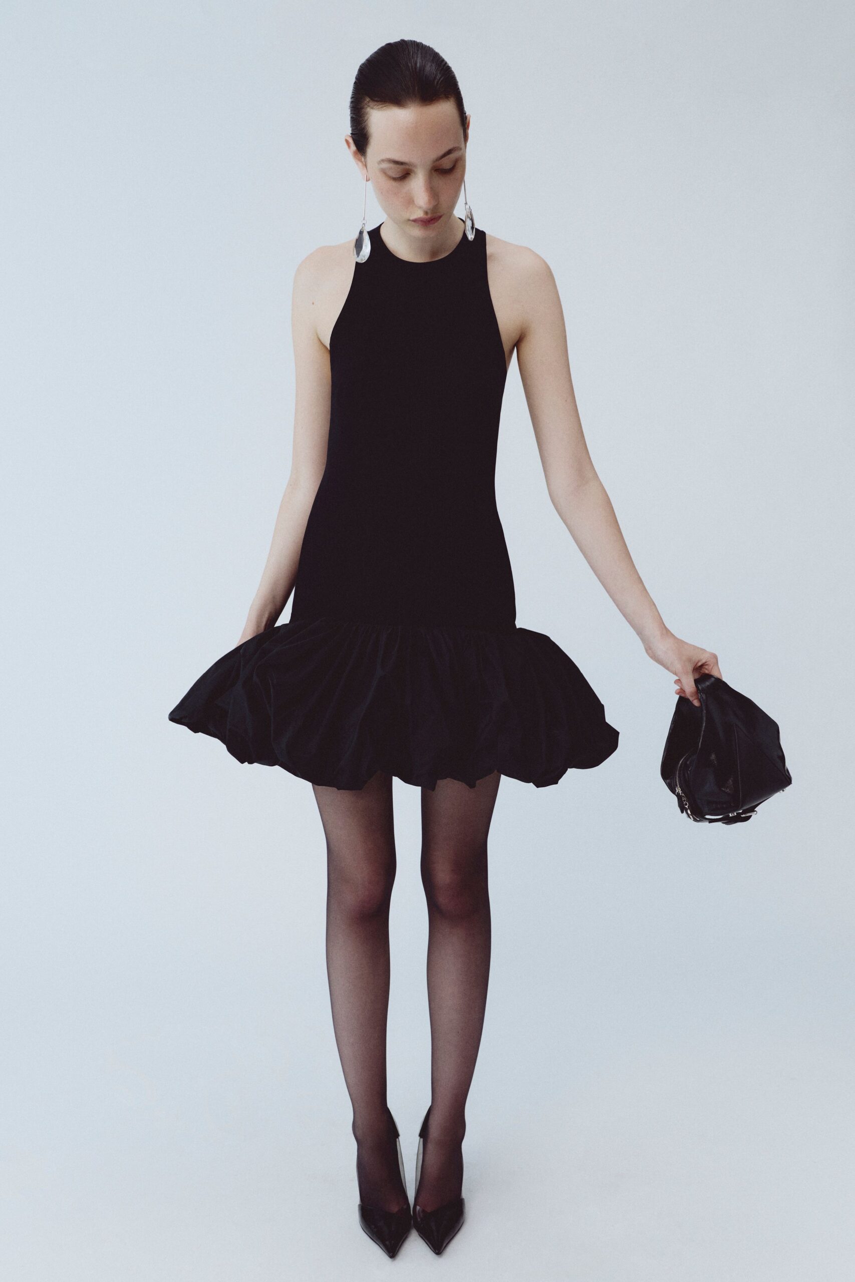 black cotton sleeveless high-neck fitted pleated mini dress