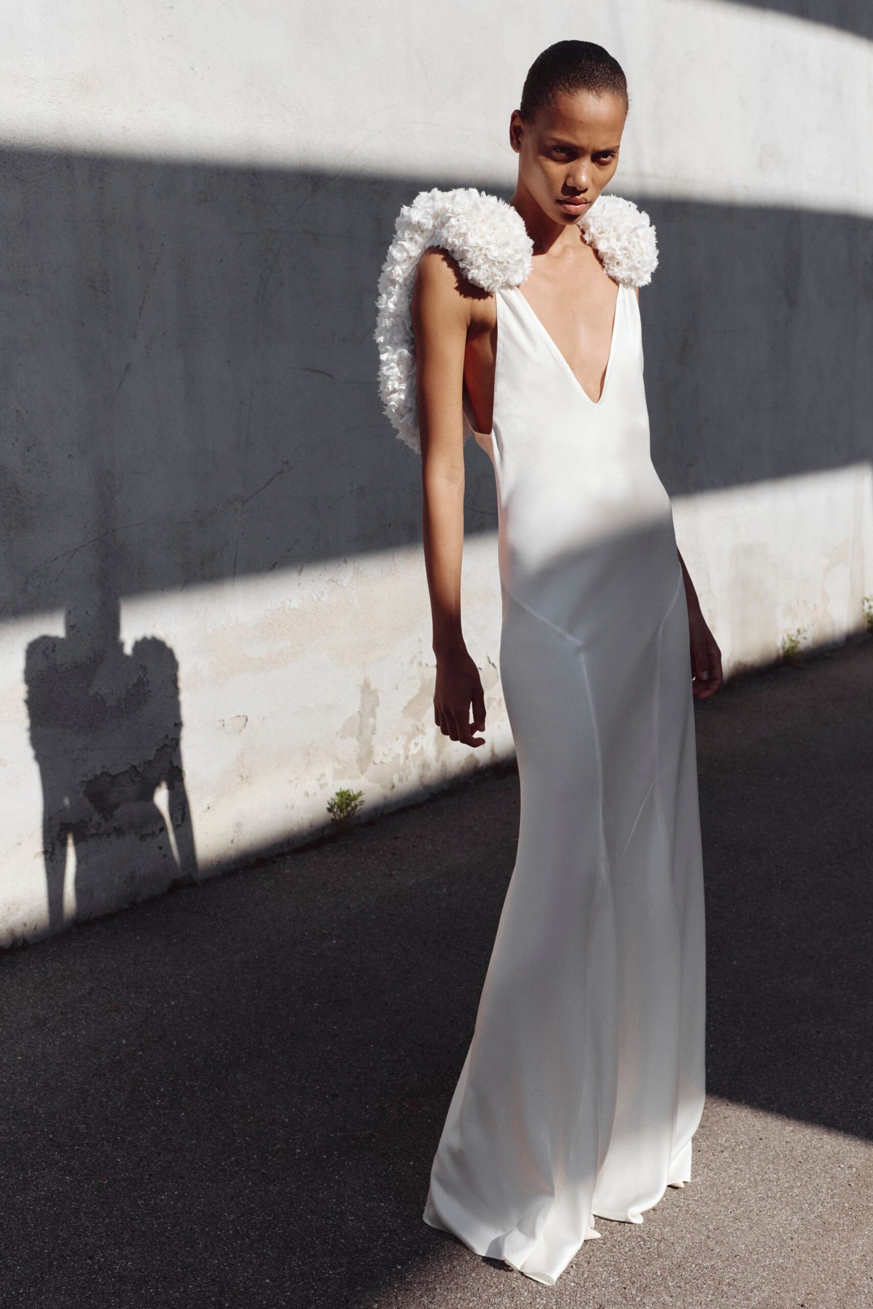 white silk sleeveless gown