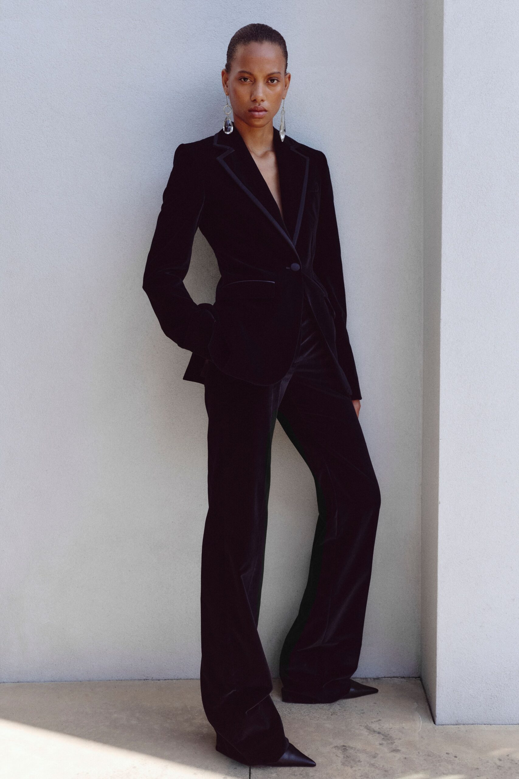 black velvet long-sleeve tailored flared pants
