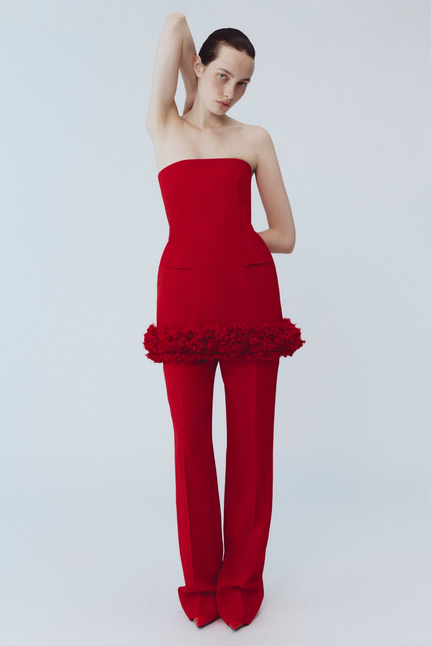 red cotton fitted straight-leg pants
