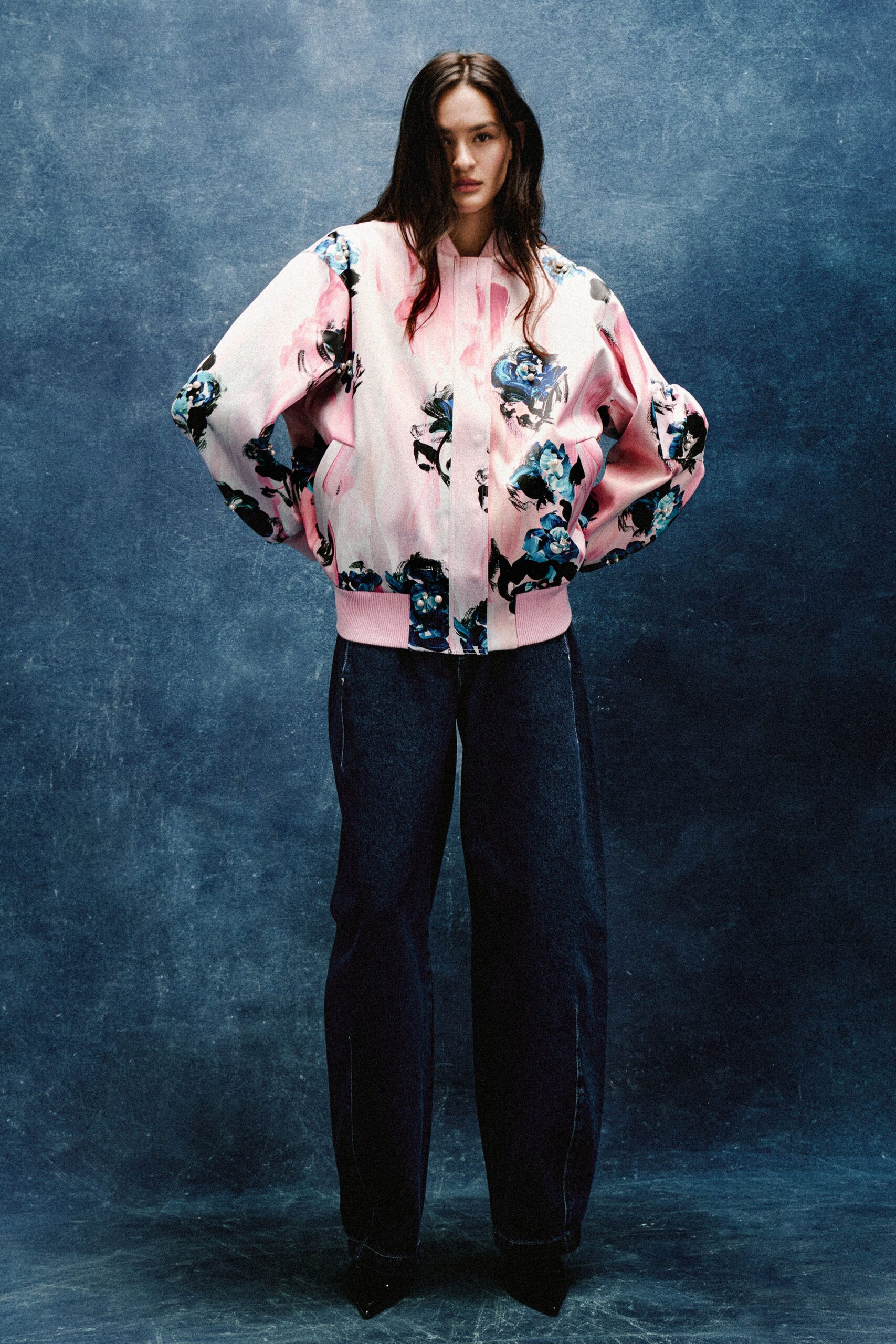 pink silk long-sleeve collared relaxed floral jacket