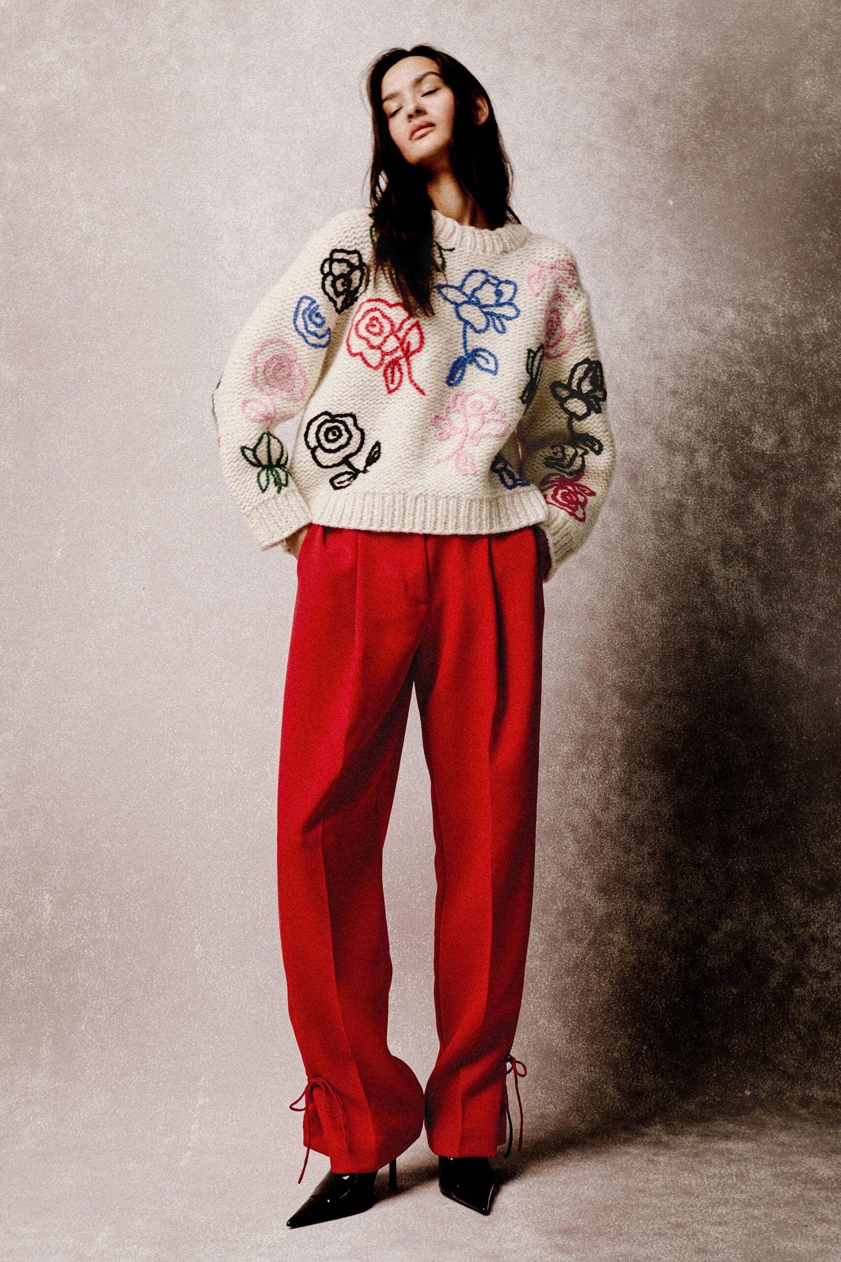 beige wool long-sleeve collared relaxed embroidered sweater