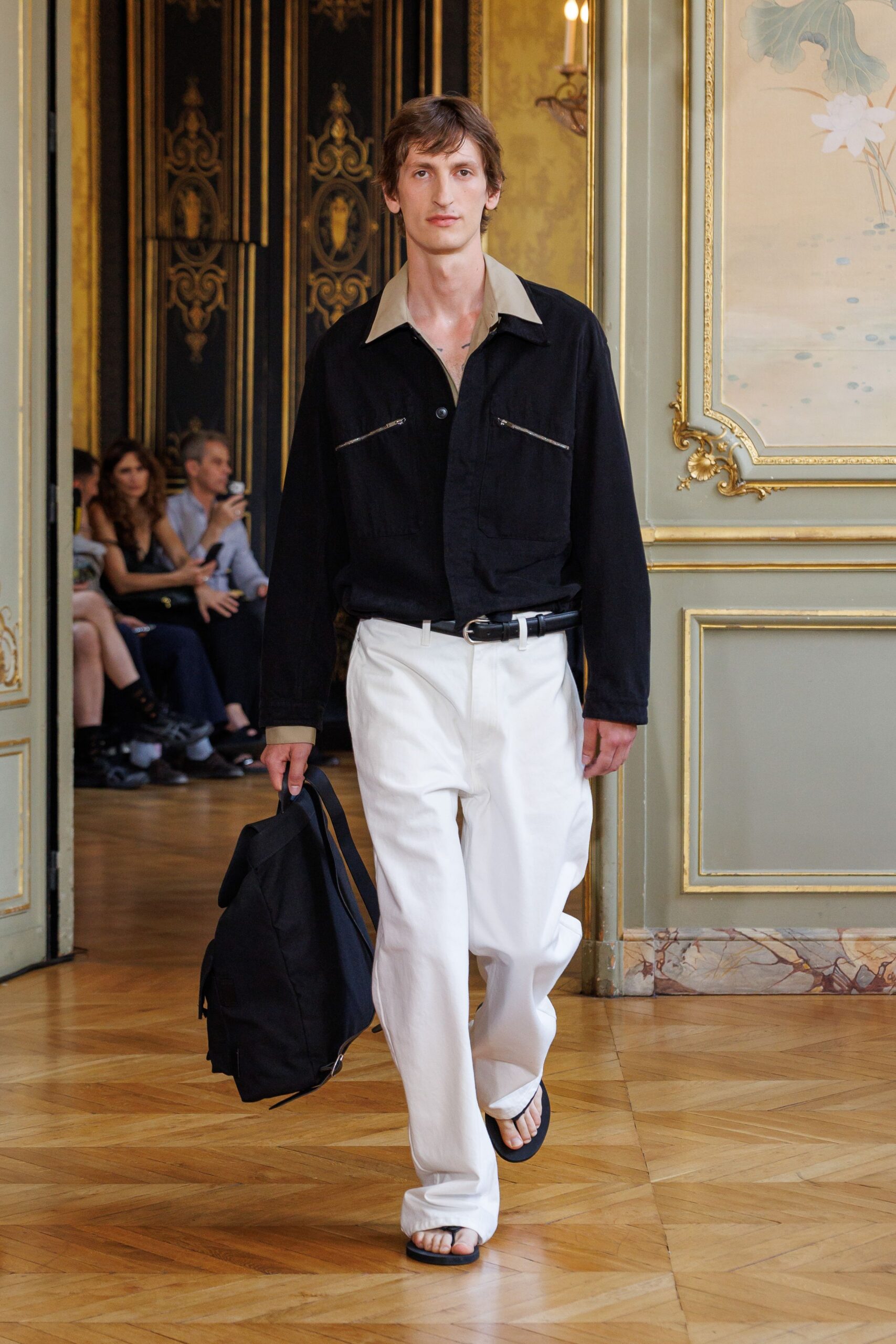 black shirt white pants outfit