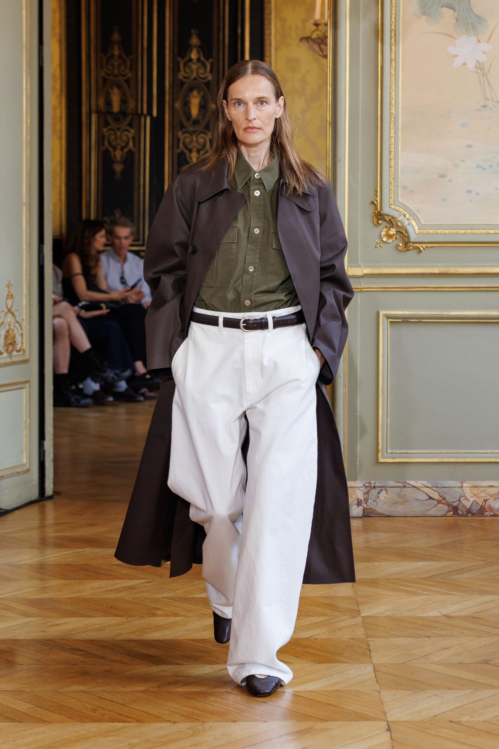 brown trench coat with green shirt