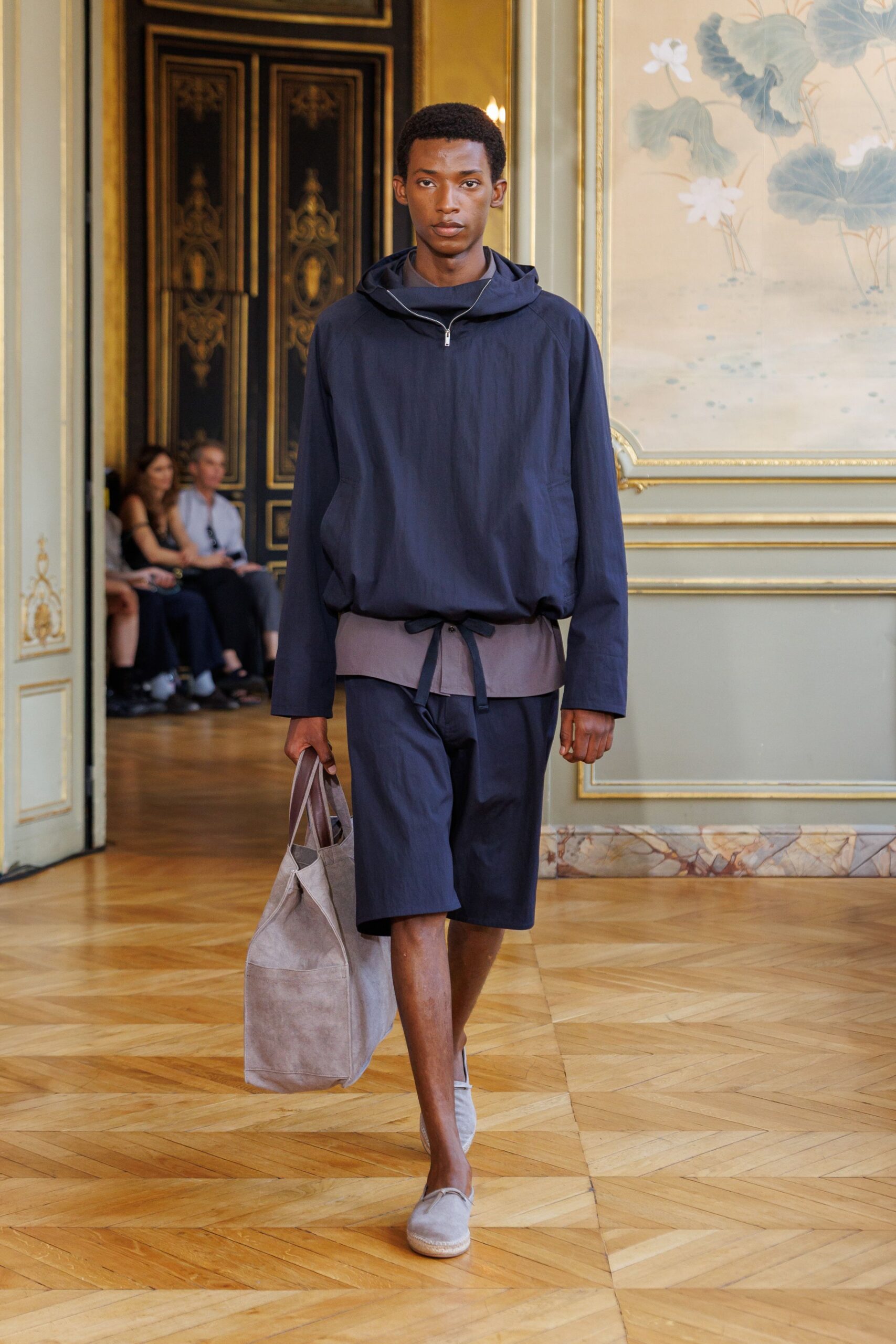 blue hoodie gray t-shirt shorts