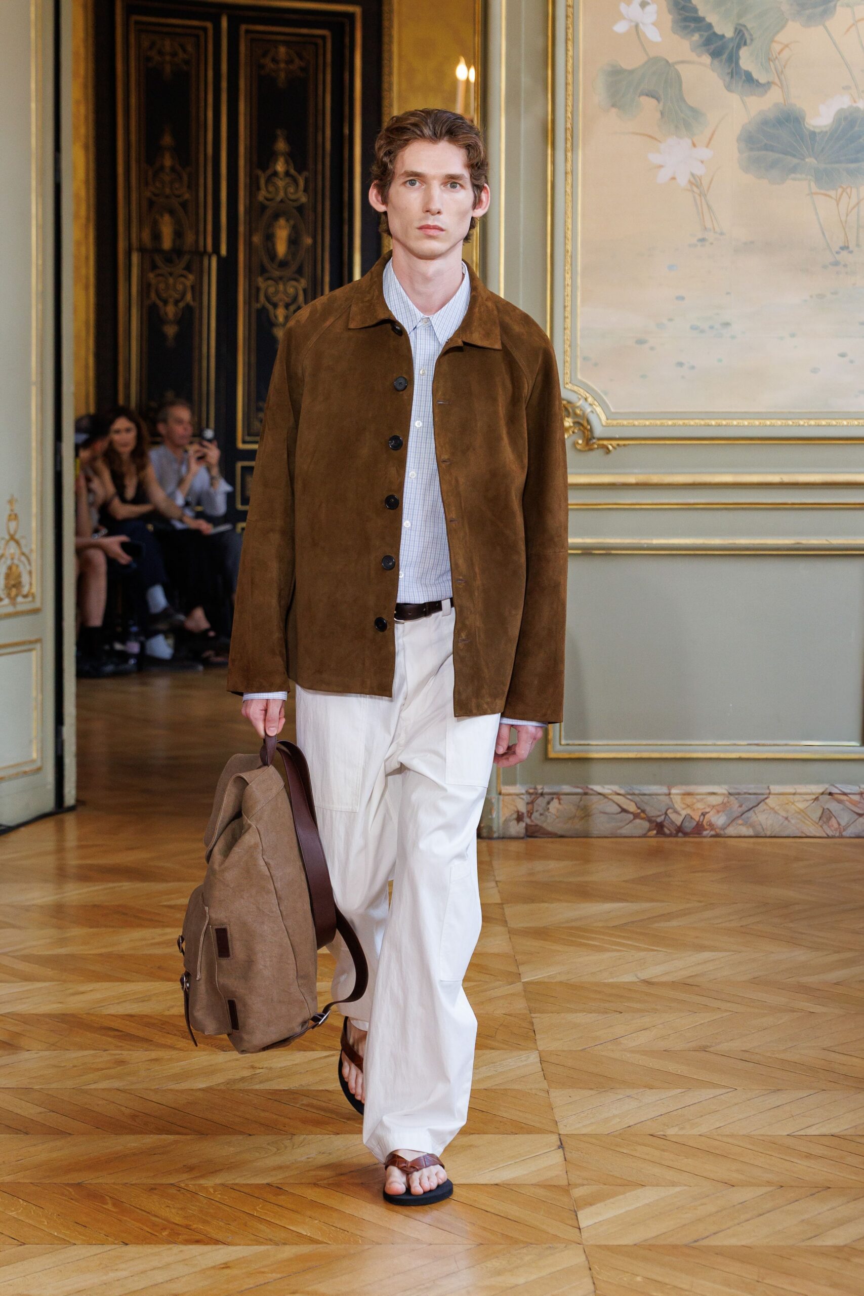 brown suede jacket with blue shirt