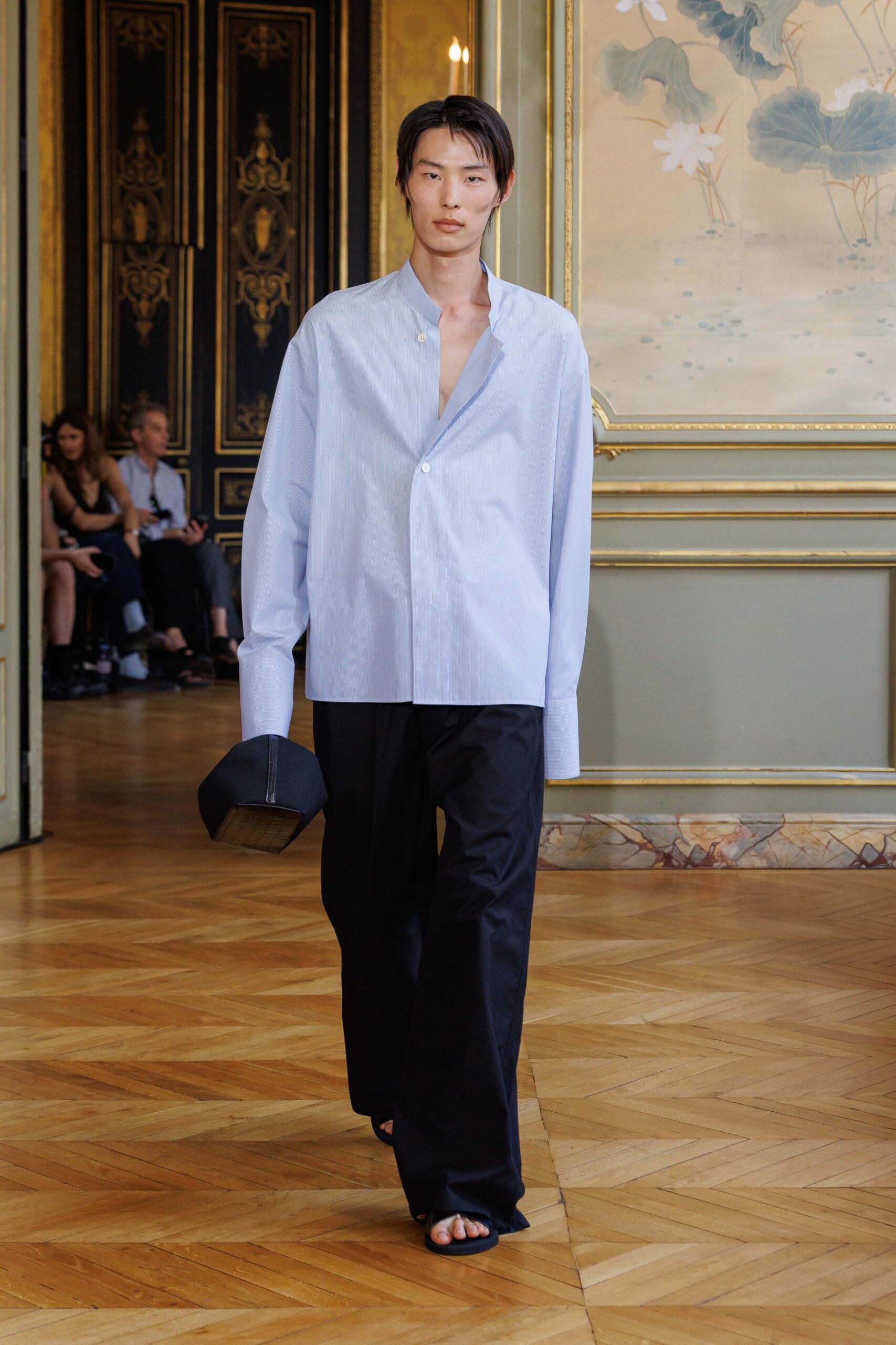 blue relaxed shirt black pants