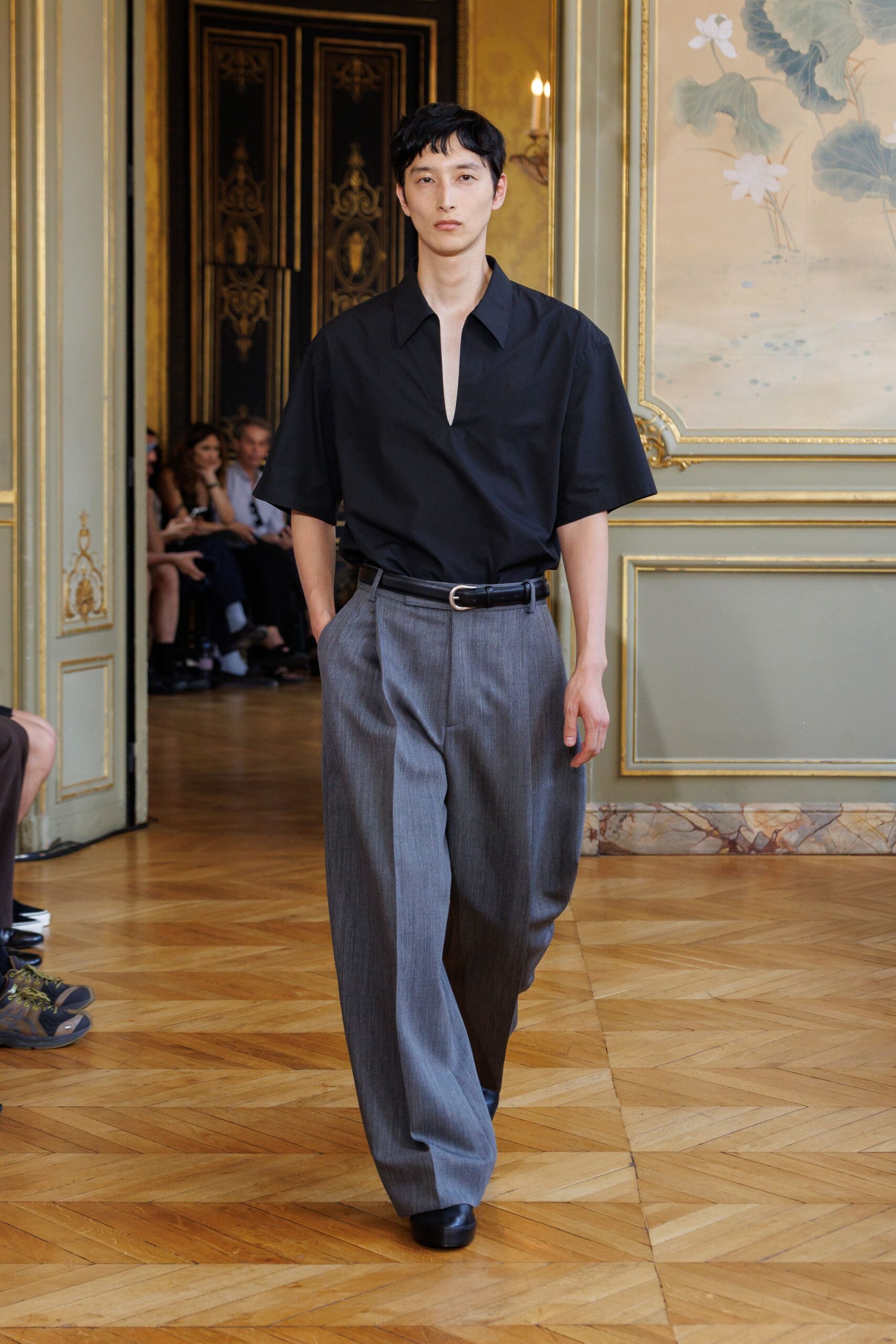 black relaxed shirt gray pants