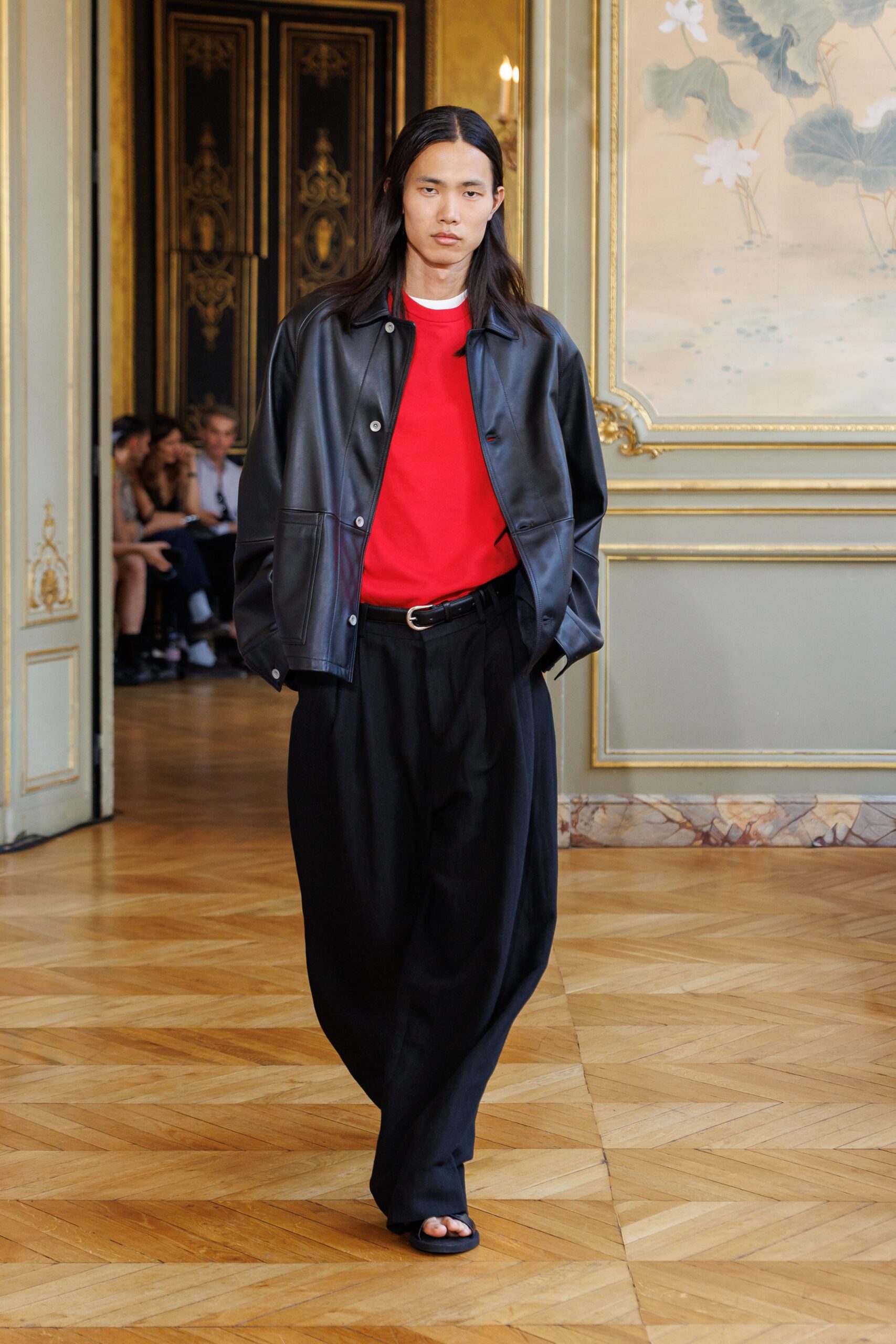 black leather jacket red t-shirt