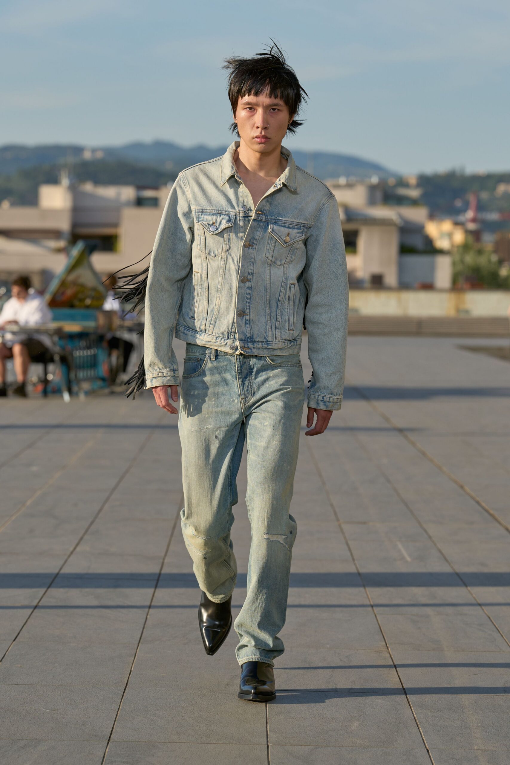 blue denim long-sleeve collared fitted jacket