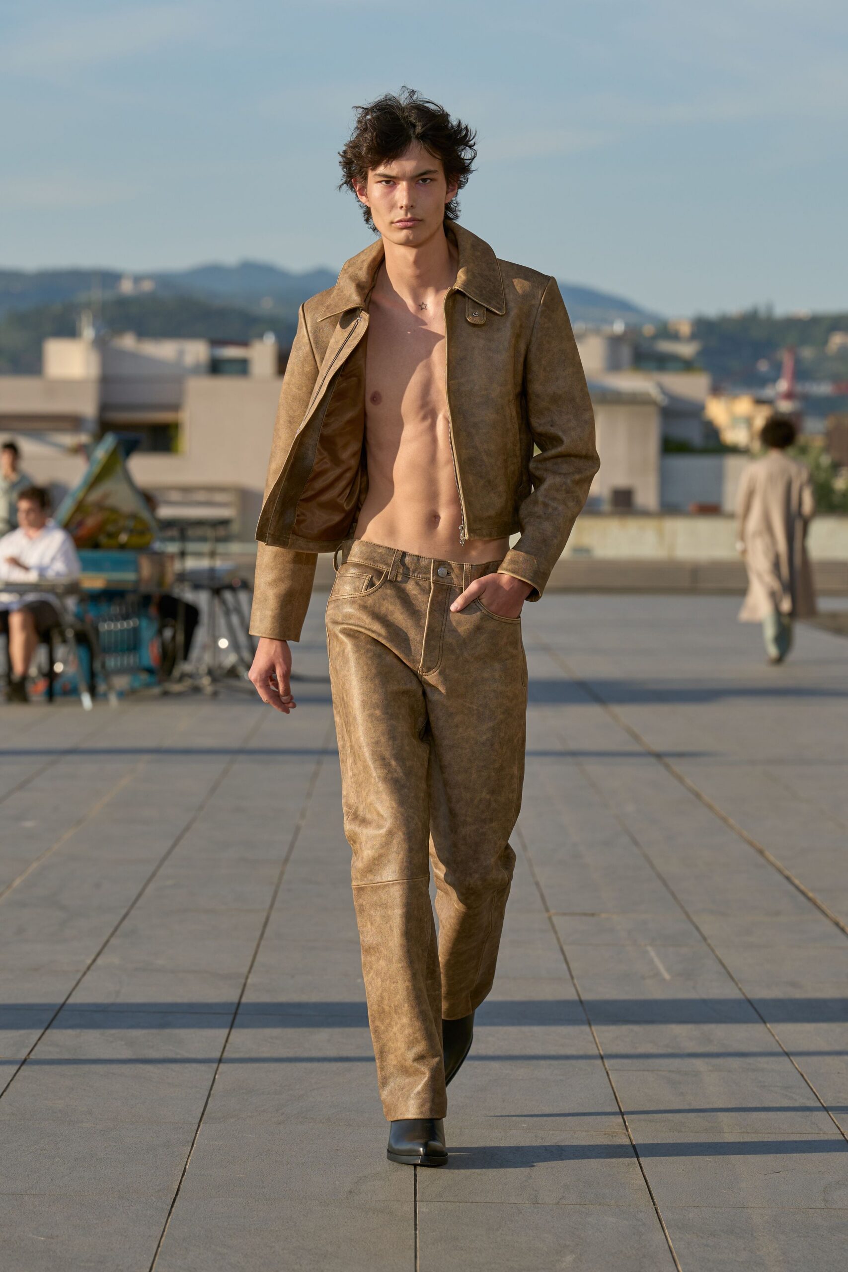 brown leather fitted straight-leg pants