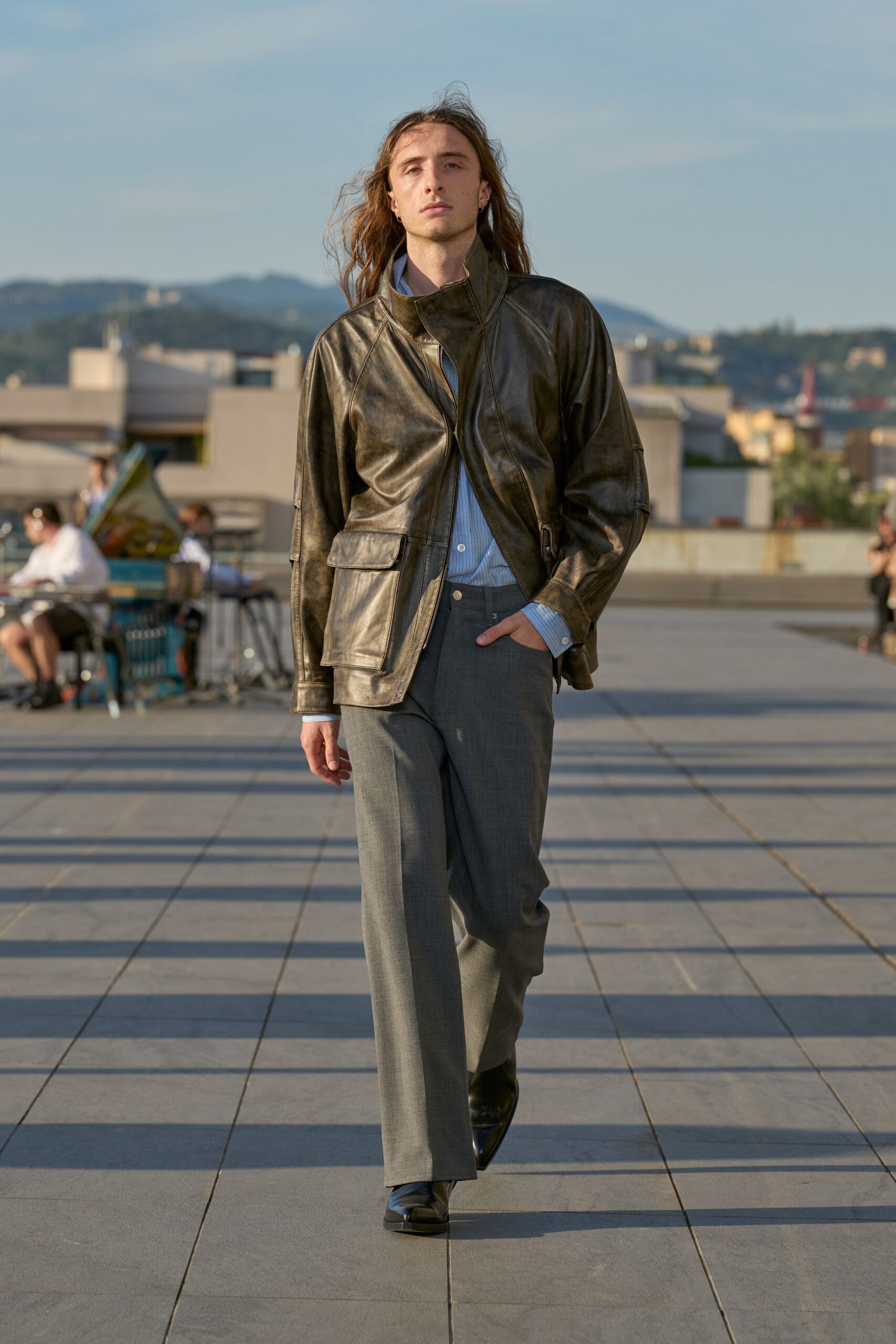 gray wool tailored wide-leg pants