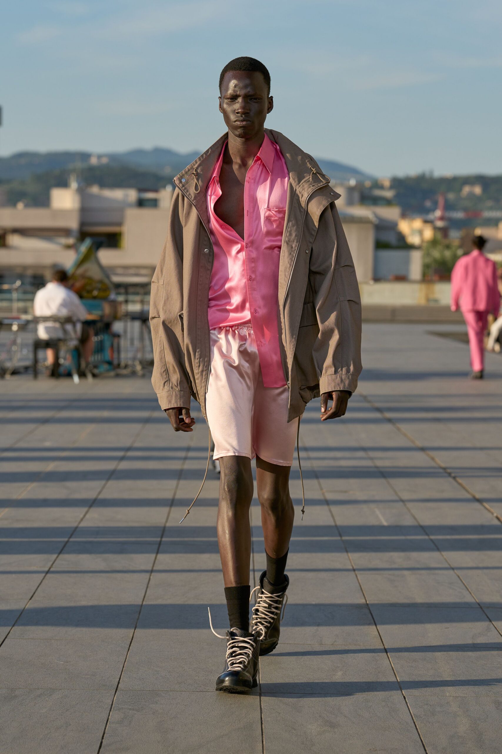 pink silk short-sleeve collared fitted shirt