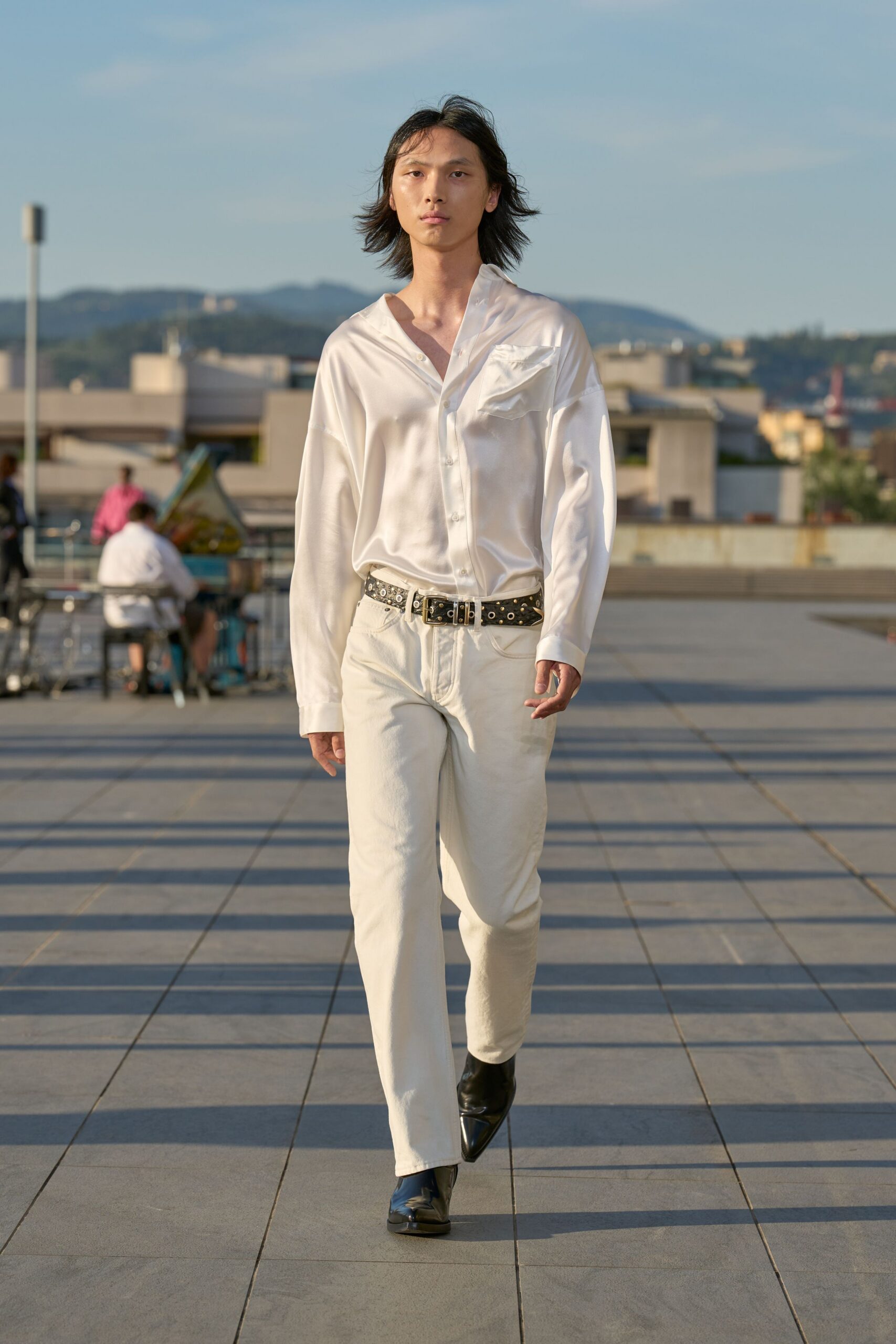 white cotton long-sleeve collared relaxed shirt