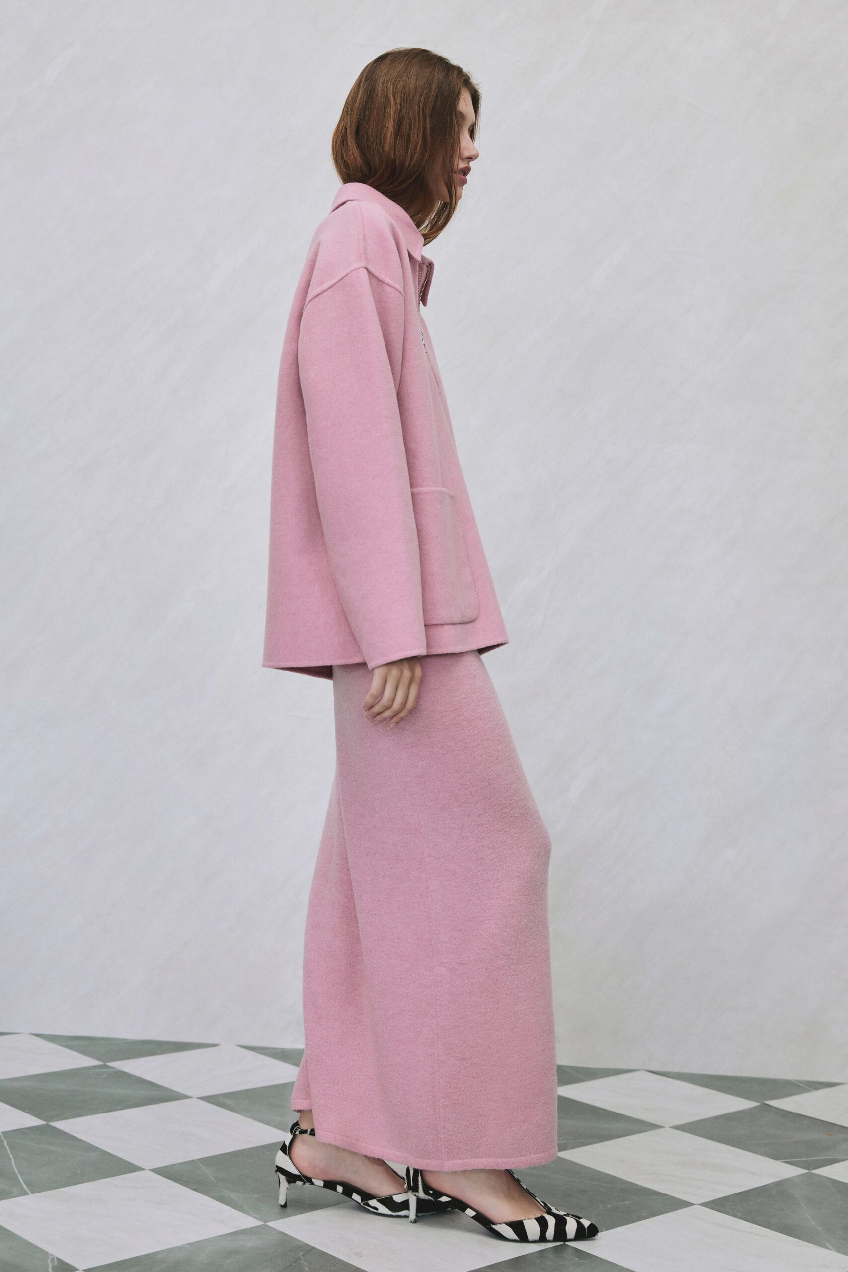 pink wool fitted straight-leg maxi skirt
