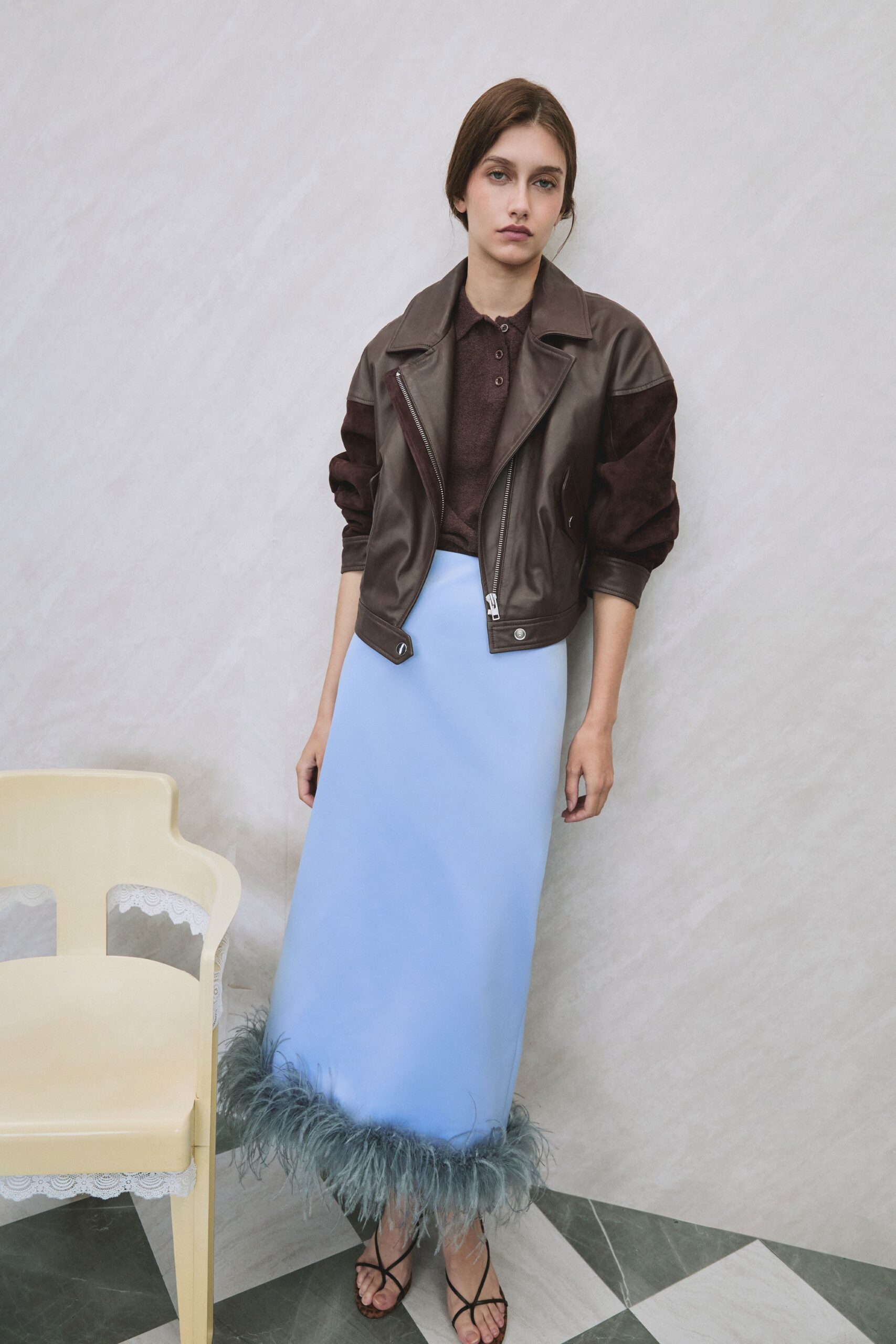 brown leather long-sleeve collared fitted zippered jacket