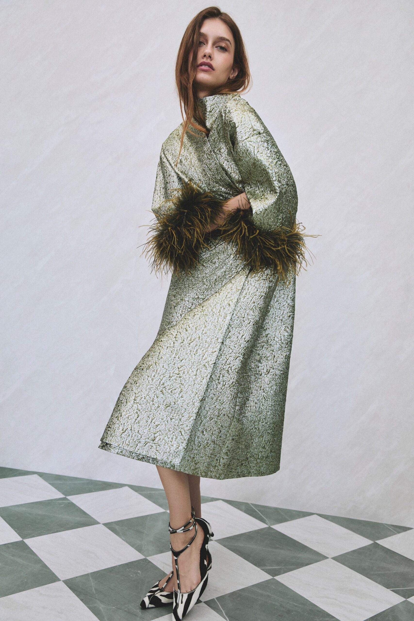 gold silk long-sleeve high-neck relaxed pleated dress