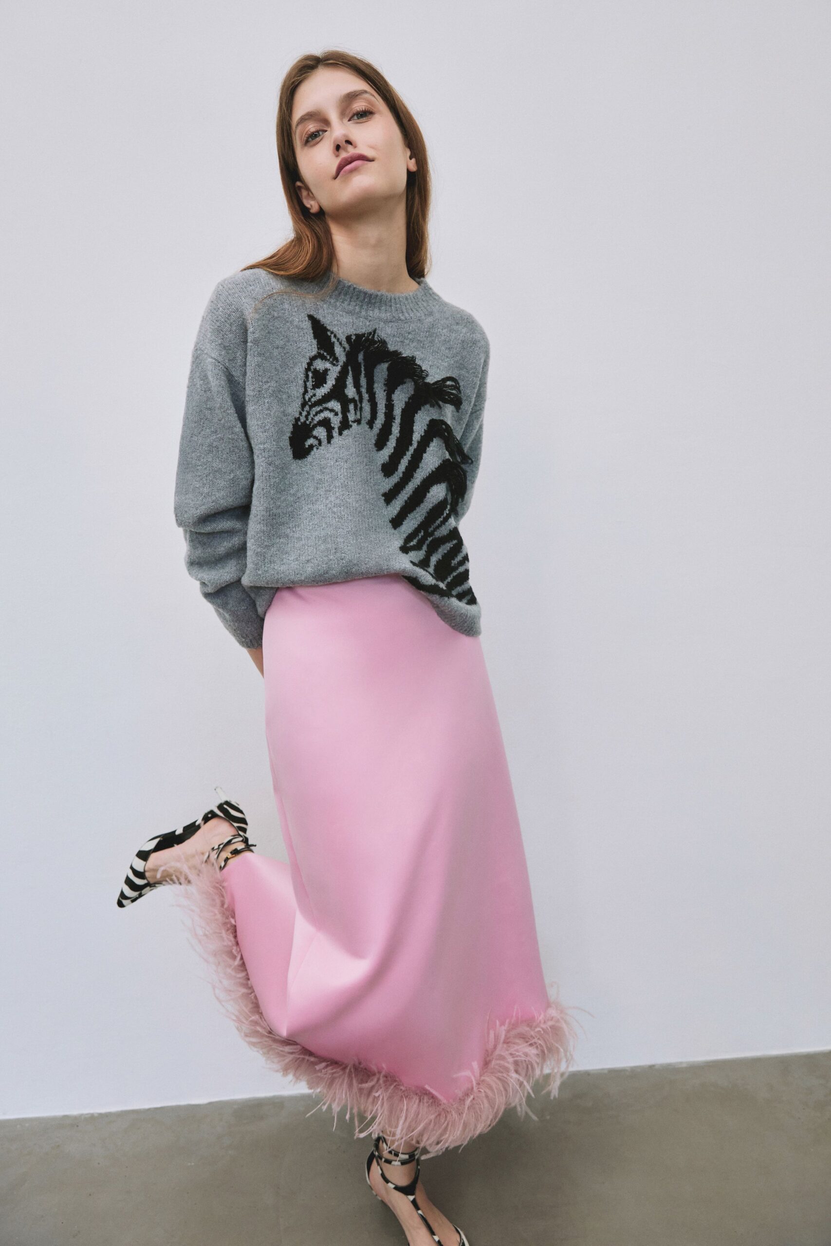 pink satin fitted high-waisted tiered midi skirt