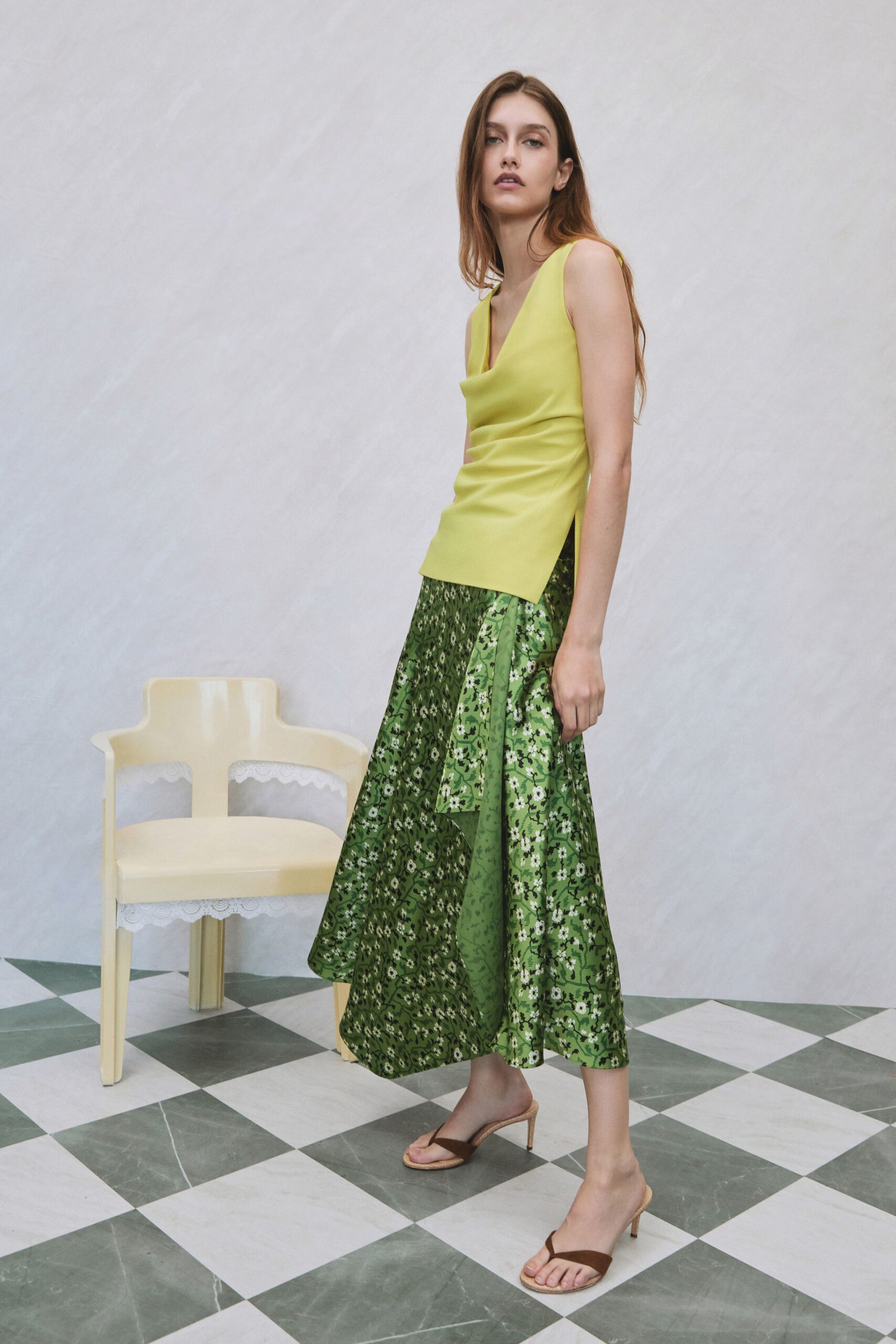 green cotton sleeveless v-neck fitted top