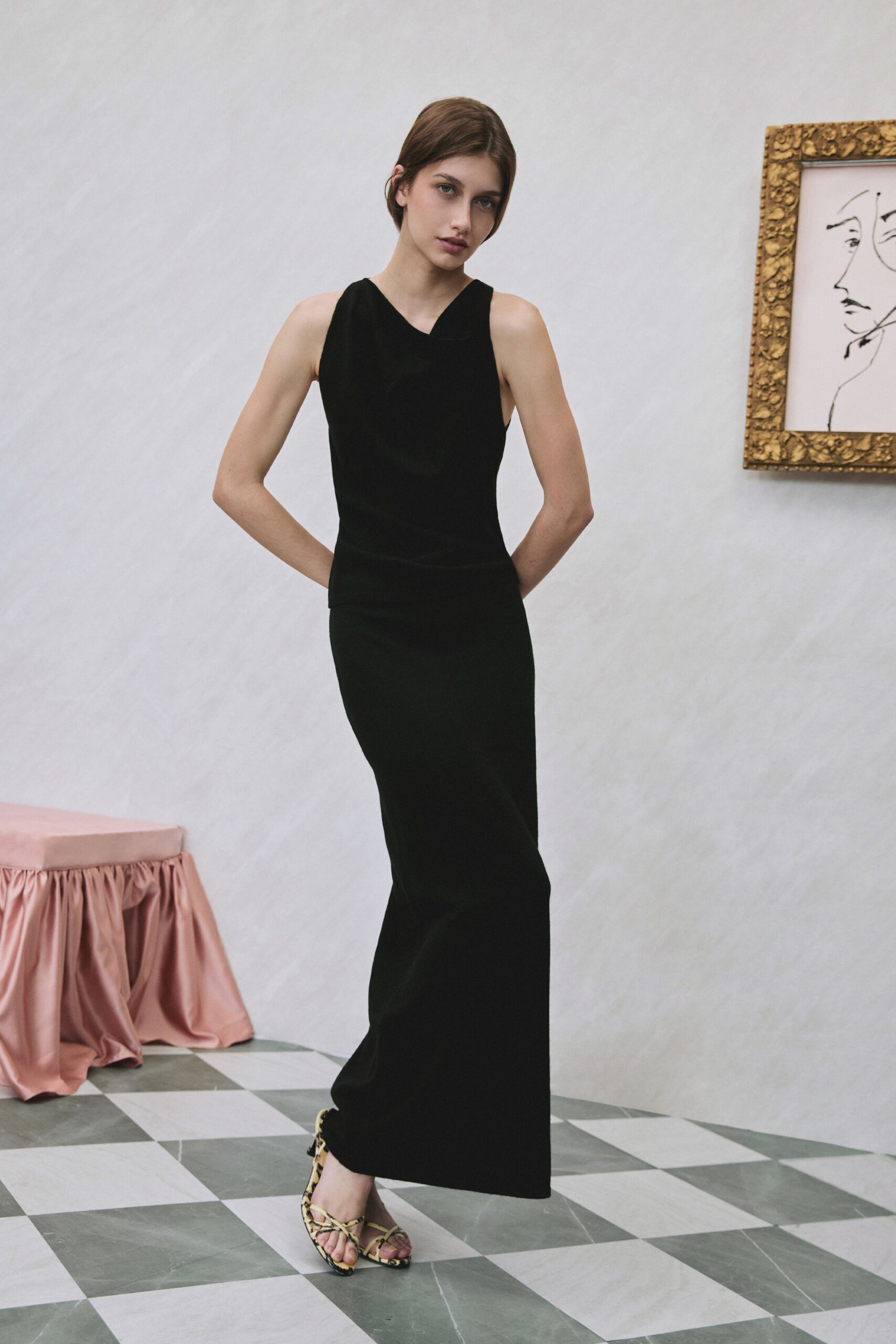 black velvet sleeveless v-neck fitted straight-leg maxi gown