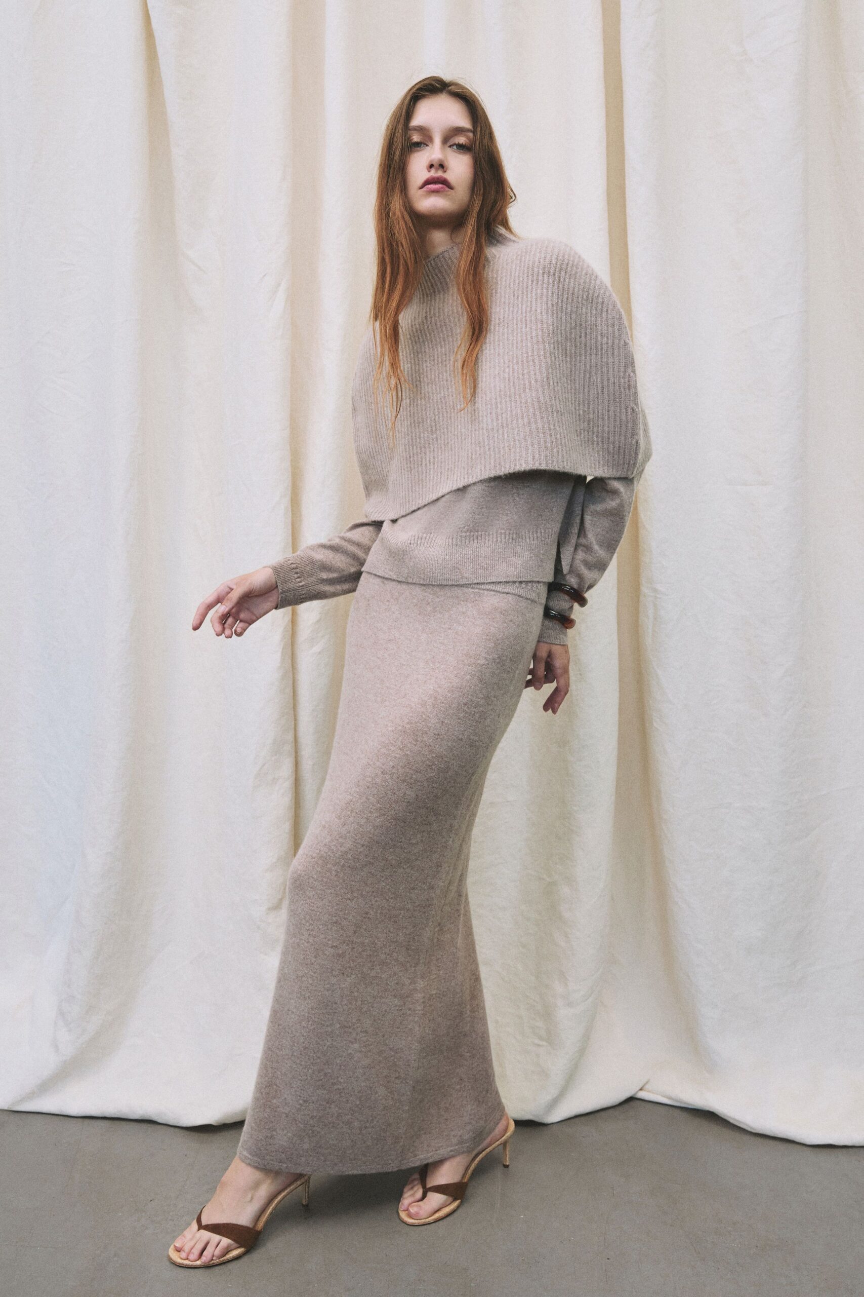 beige wool fitted straight-leg maxi skirt