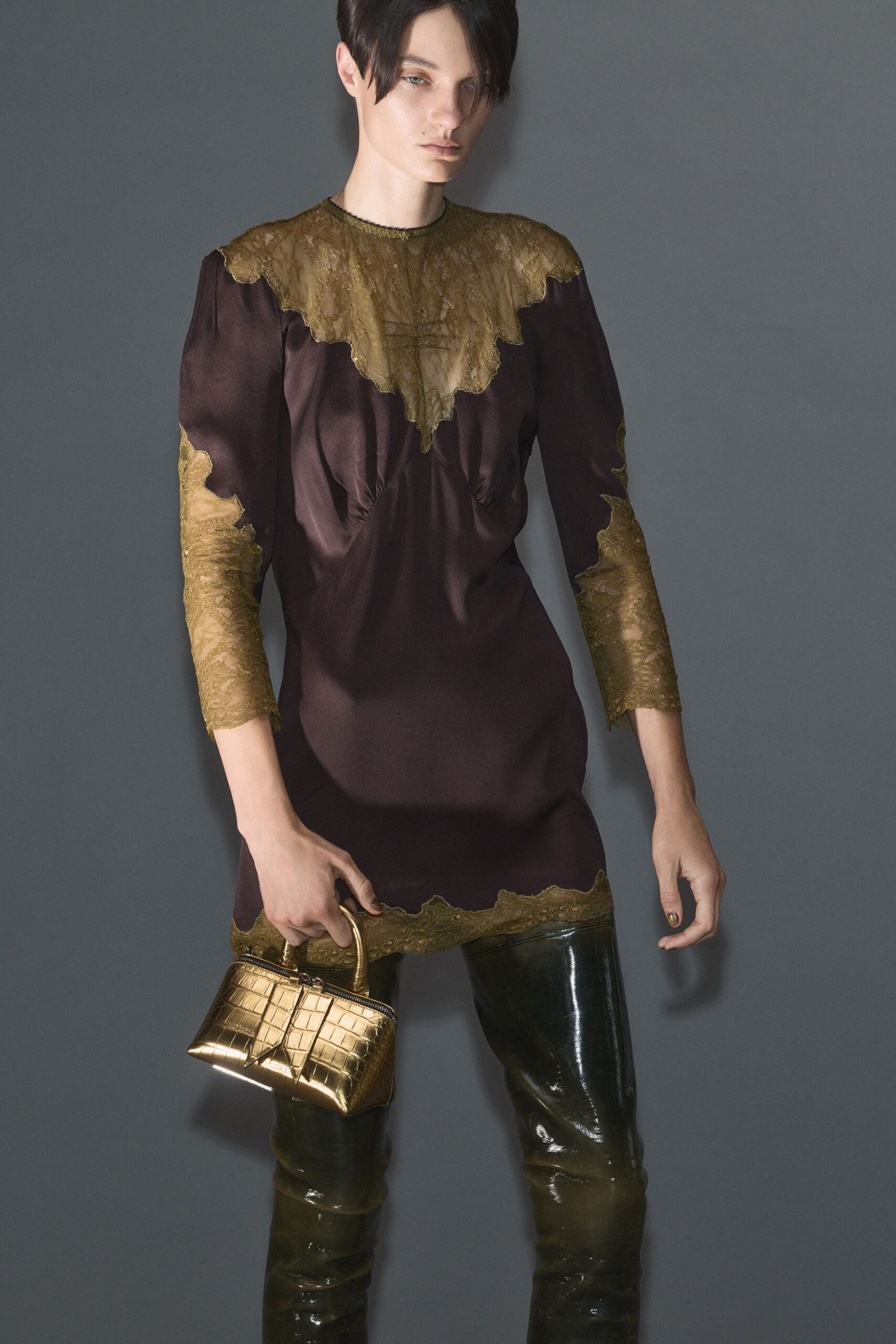 brown silk long-sleeve high-neck fitted embroidered short dress