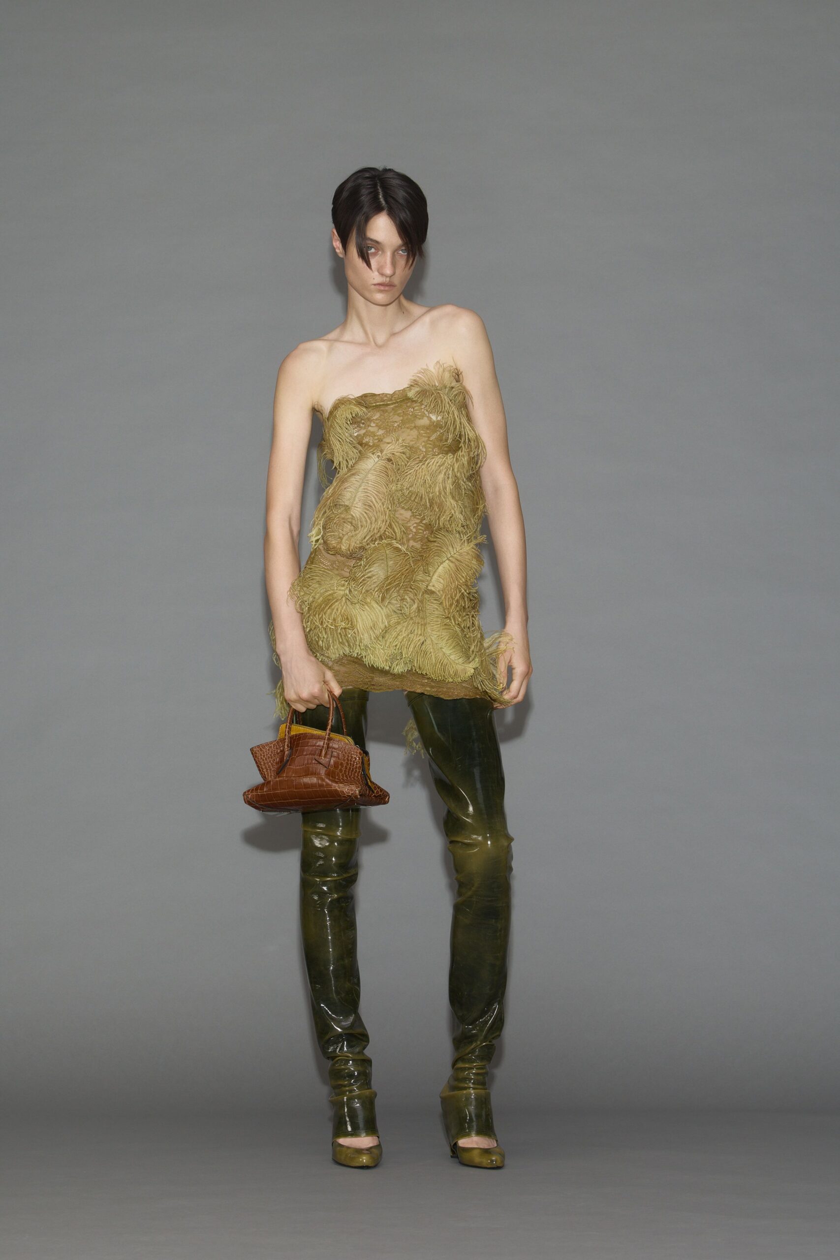 green leather fitted straight-leg pants